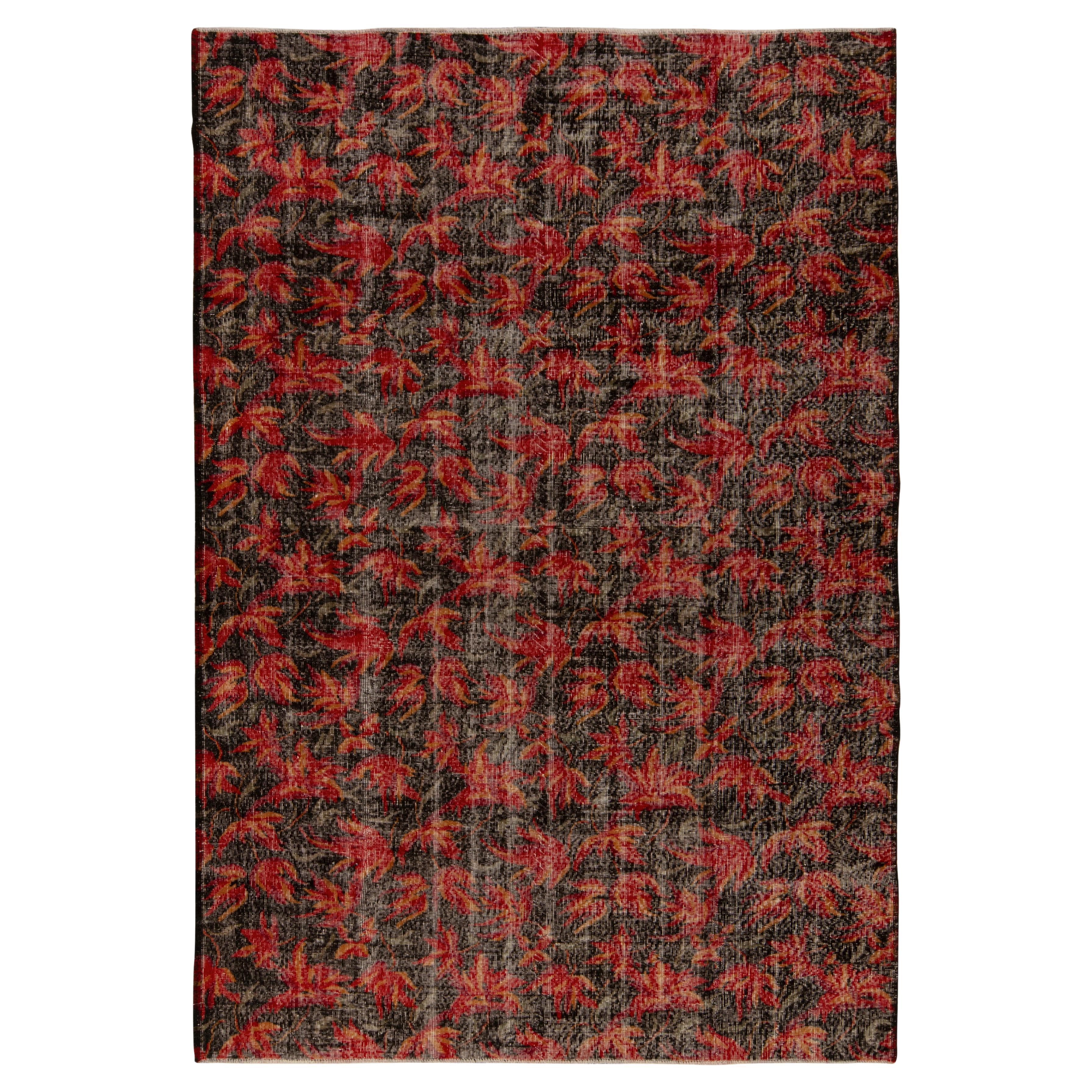 1960s Vintage Deco Rug in Red and Black Distressed Floral Pattern by Rug & Kilim