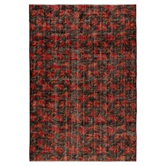 1960s Vintage Deco Rug in Red and Black Distressed Floral Pattern by Rug & Kilim