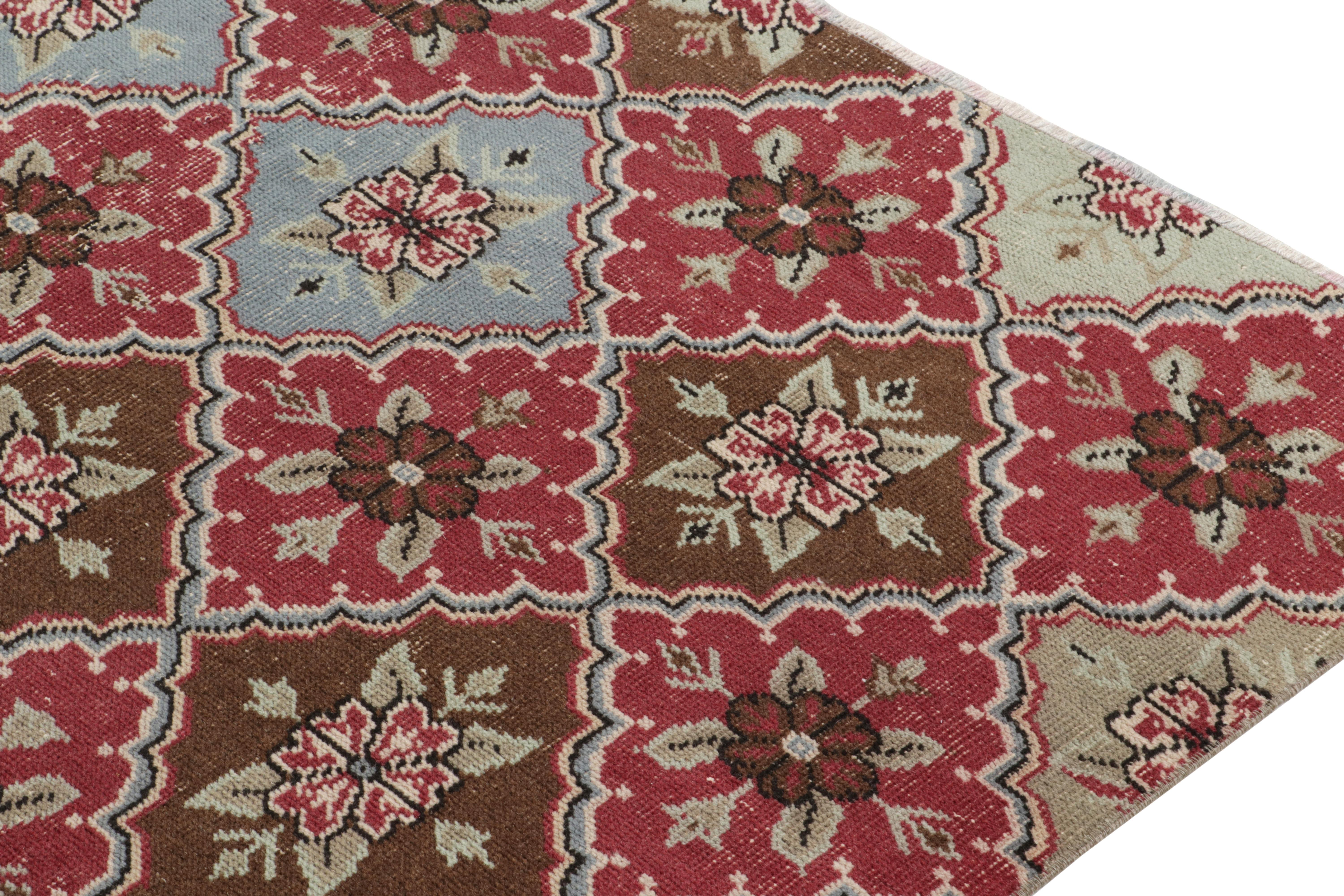 Hand-Knotted 1960s Vintage Deco Rug in Red, Beige-Brown Floral Trellis Pattern by Rug & Kilim For Sale