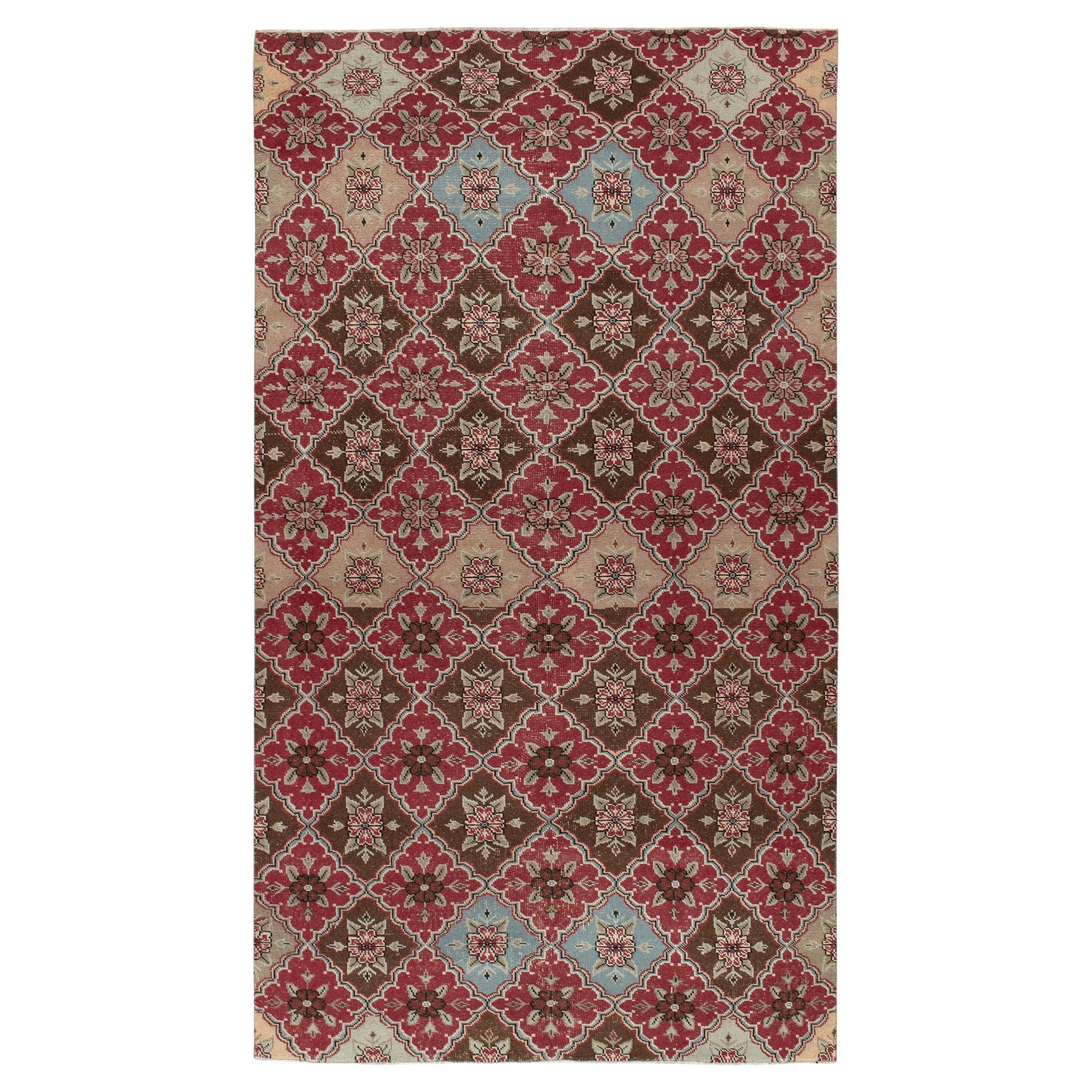 1960s Vintage Deco Rug in Red, Beige-Brown Floral Trellis Pattern by Rug & Kilim