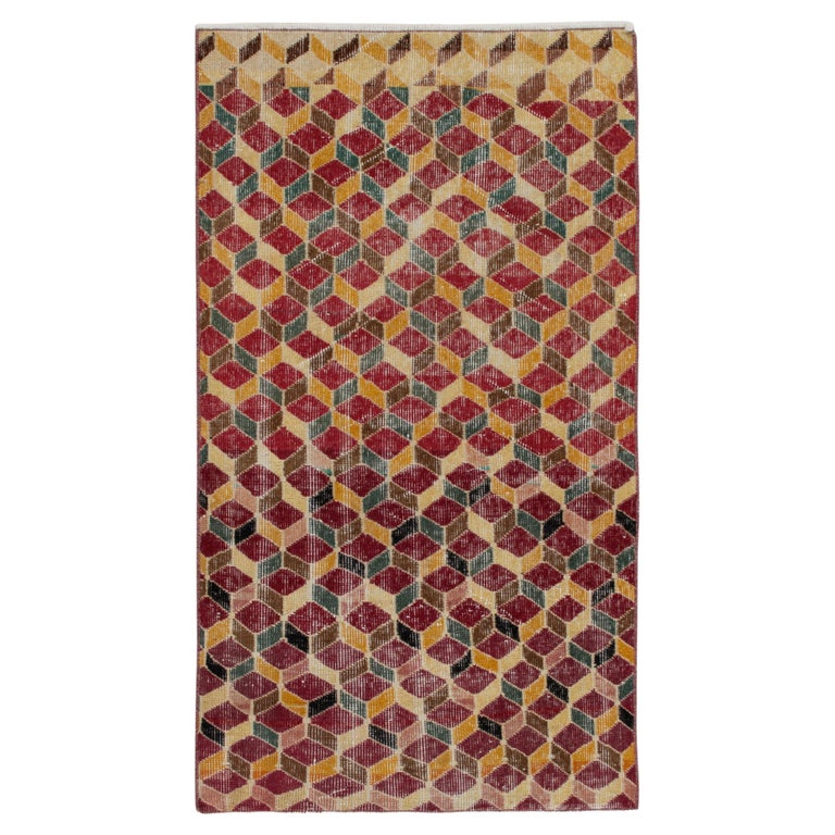 1960s Vintage Deco Rug in Red, Yellow and Beige Geometric Pattern by ...