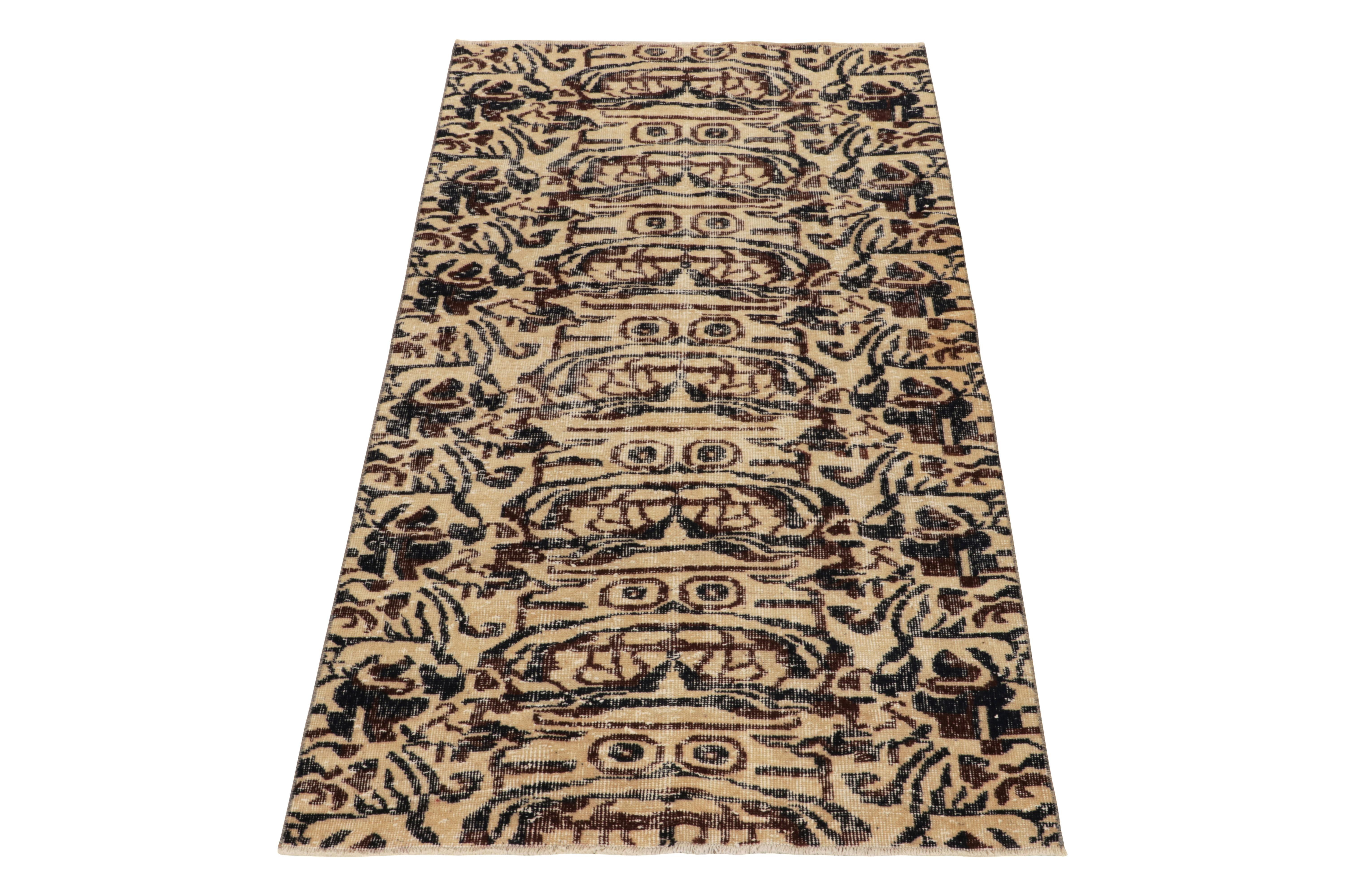 Hand-knotted in wool from Turkey circa 1960-1970, a vintage 3x6 distressed runner from an acclaimed Turkish artist joining Rug & Kilim’s Mid-Century Pasha Collection. 

This rare, graphic piece probably draws on an abstraction of pictorials in
