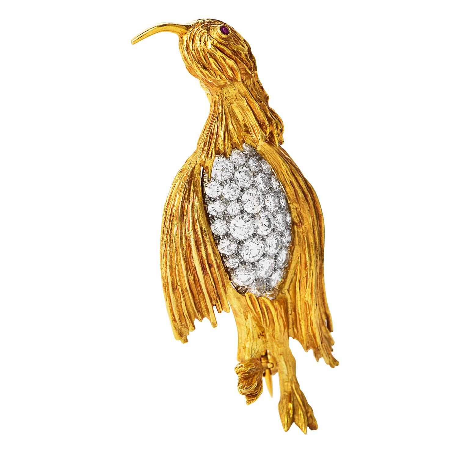 Vintage Diamond 18K Gold platinum Penguin Pin Brooch

Crafted in solid 18K yellow gold and solid platinum, featuring (29) Genuine Diamonds round-cut, pave-set, weighing approximately 1.90 carats (F-G color and VS clarity) Set in platinum.

0ne