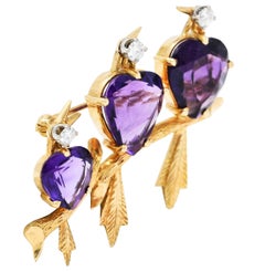 1960's Vintage Diamond Amethyst 14 Karat Yellow Gold Bird Brooch