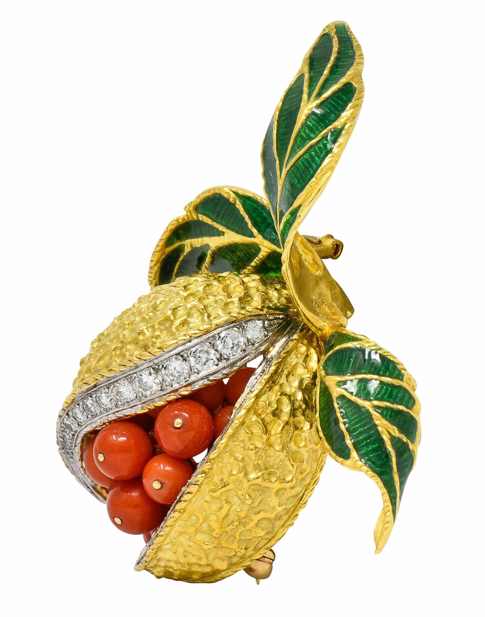 Brooch is designed as a stylized and deeply textured gold pomegranate, split down the front, revealing a cluster of coral seeds

Round cut coral beads are very well-matched with strongly reddish-orange color, measuring from 5.5 mm to 4.2 mm

With