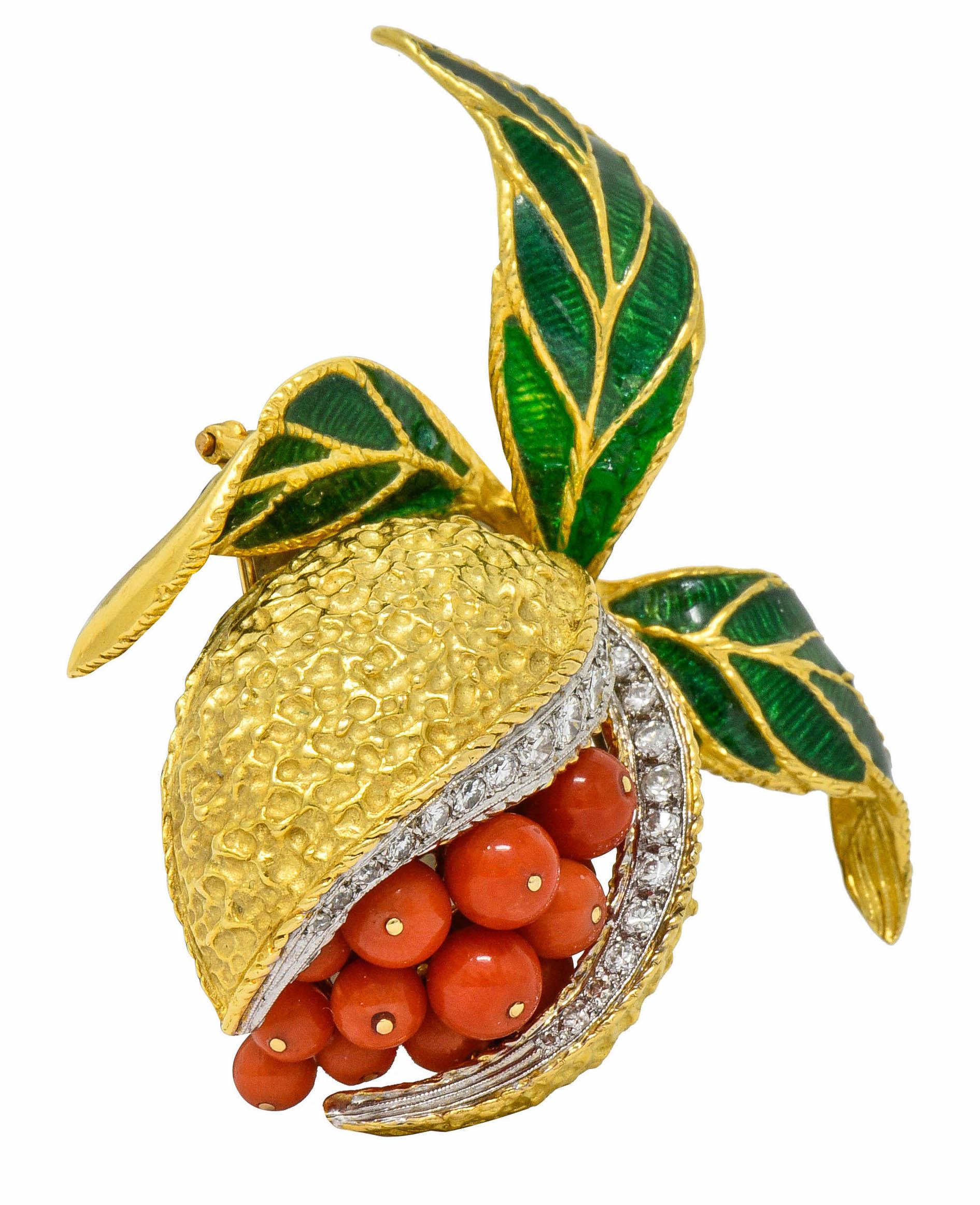 Contemporary 1960s Vintage Diamond Coral Enamel 18 Karat Gold Pomegranate Brooch