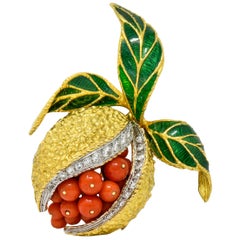 1960s Vintage Diamond Coral Enamel 18 Karat Gold Pomegranate Brooch