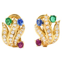1960's Vintage Diamond Emerald Sapphire Ruby 18 Karat Gold Earrings