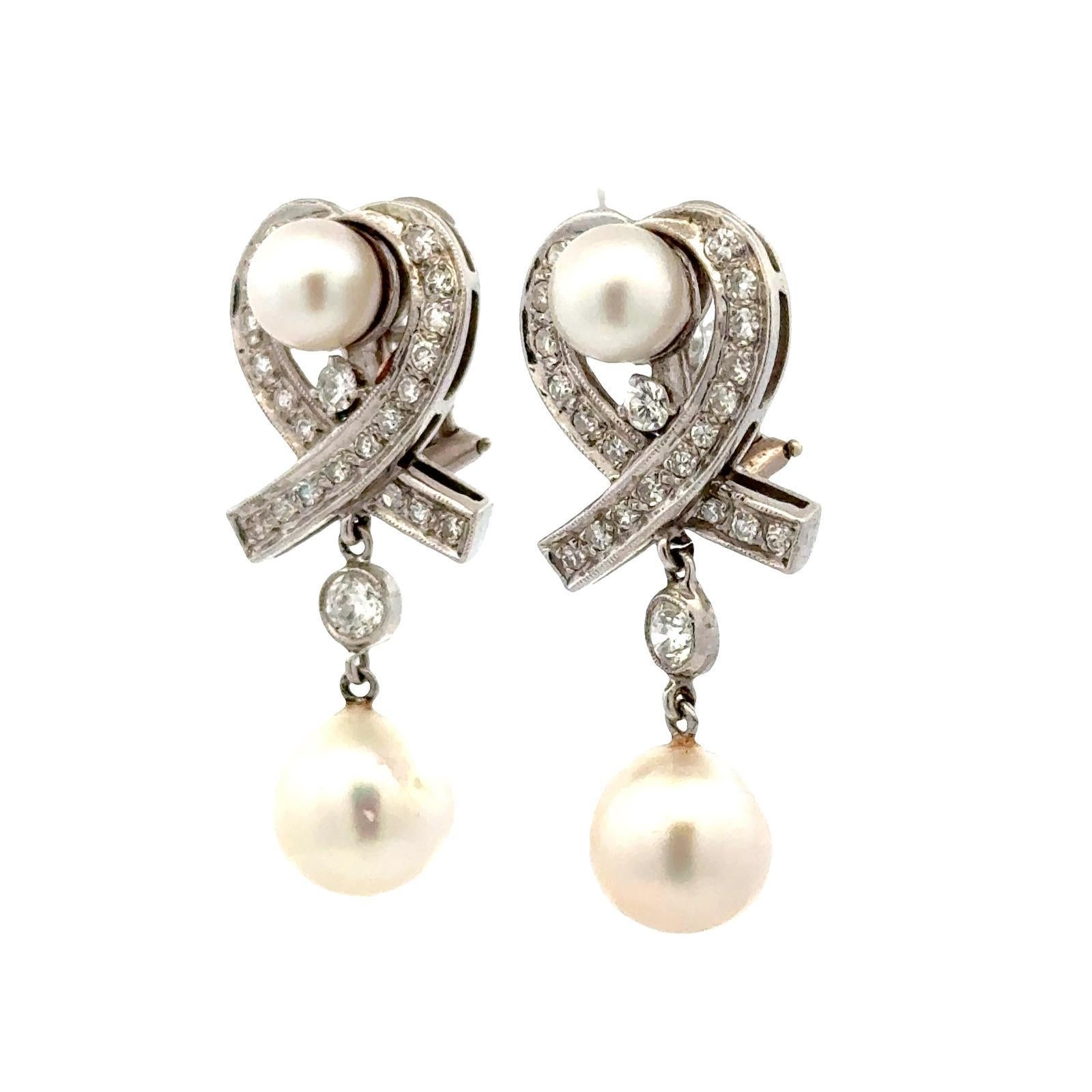 1960's Vintage Diamant & Perle 14 Karat Weißgold Drop Lever-Back-Ohrringe (Alteuropäischer Schliff) im Angebot