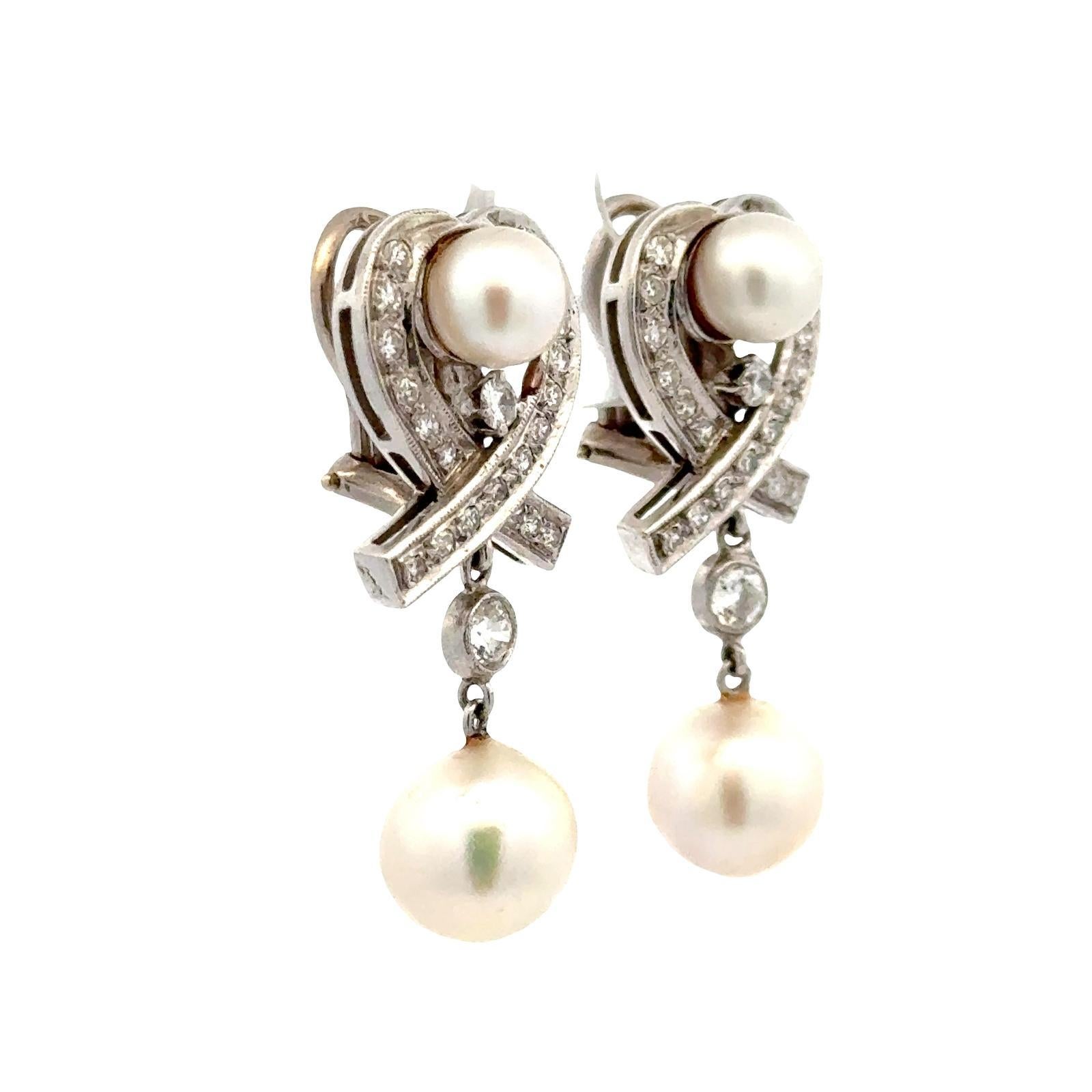 1960's Vintage Diamant & Perle 14 Karat Weißgold Drop Lever-Back-Ohrringe im Zustand „Gut“ im Angebot in Boca Raton, FL