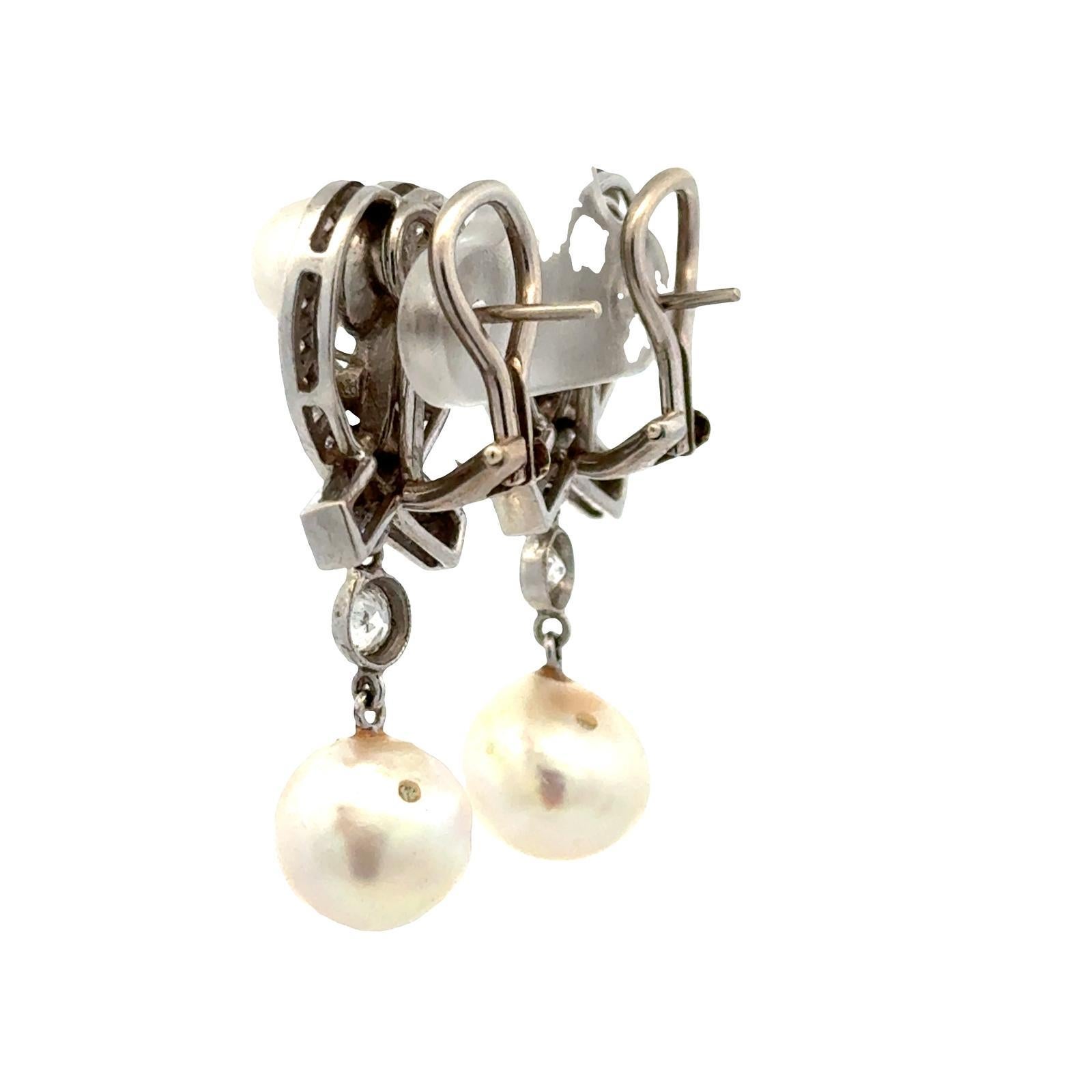 1960's Vintage Diamant & Perle 14 Karat Weißgold Drop Lever-Back-Ohrringe Damen im Angebot