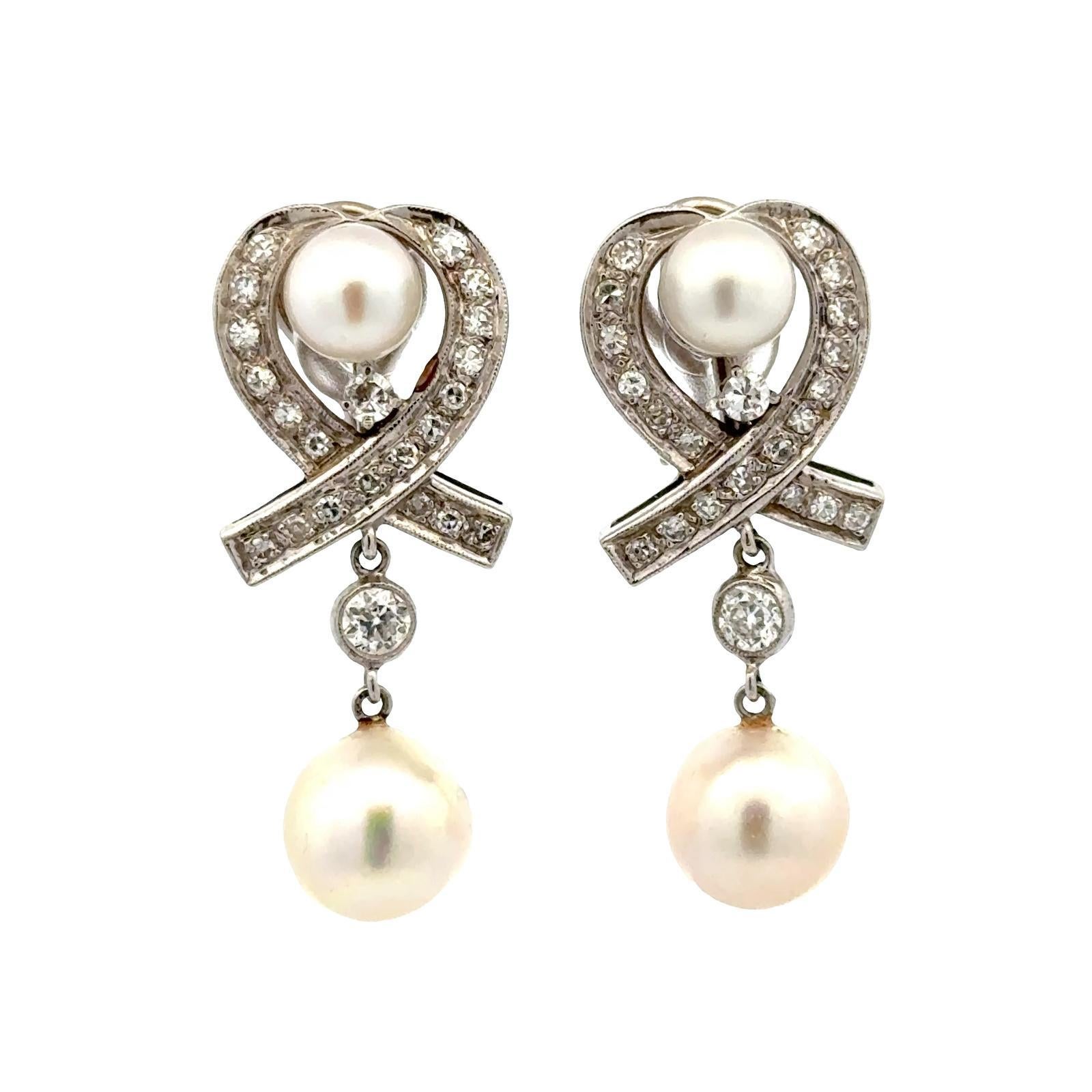 1960's Vintage Diamant & Perle 14 Karat Weißgold Drop Lever-Back-Ohrringe im Angebot 2