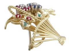 1960s Vintage Diamond Sapphire Ruby Emerald and Yellow Gold Spray Brooch