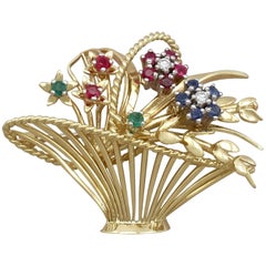 1960s Vintage Diamond Sapphire Ruby Emerald and Yellow Gold Spray Brooch