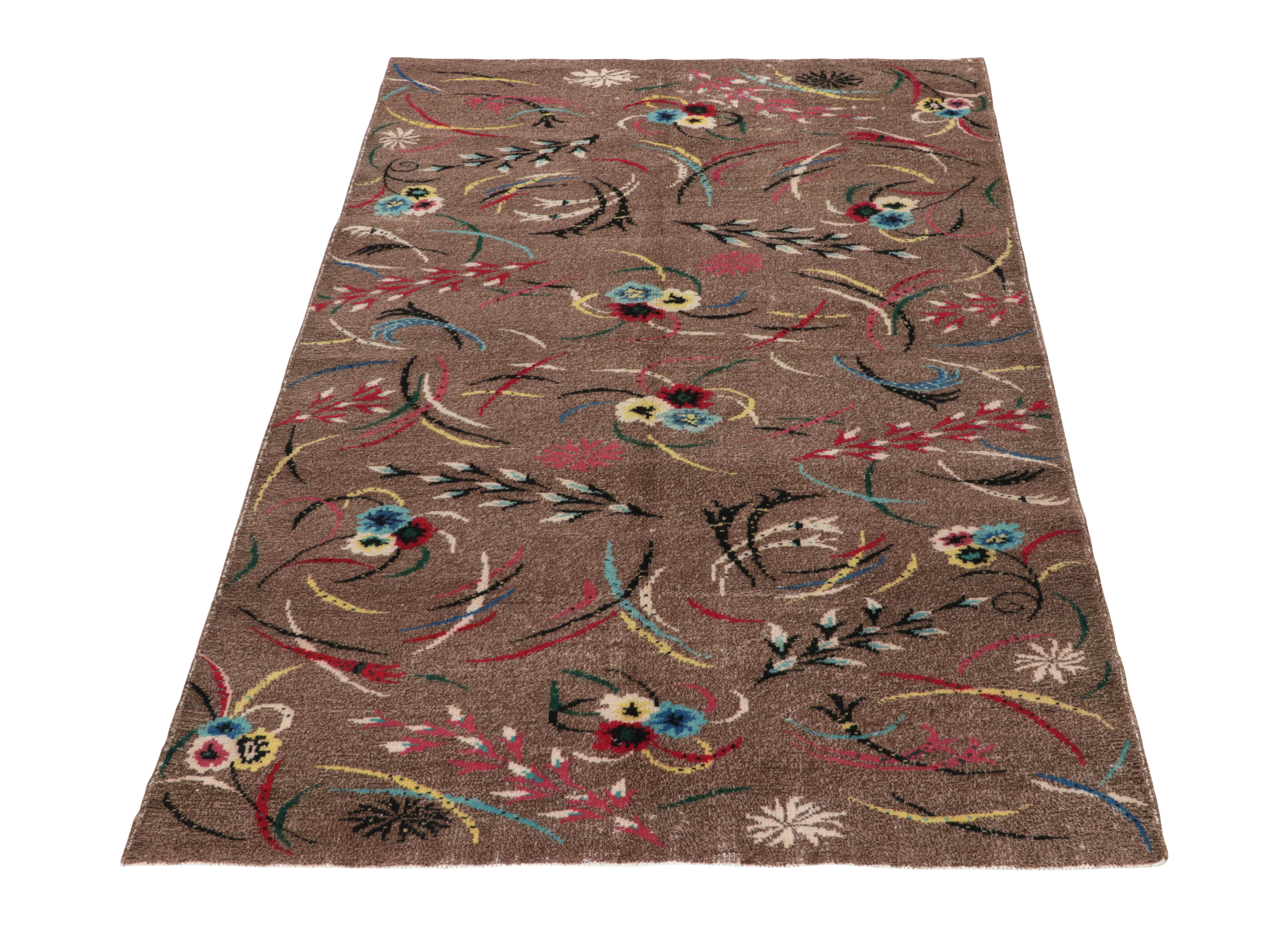 Originating from Turkey circa 1960-1970s, a 6x9 vintage distressed style piece from an acclaimed Turkish designer, now joining Rug & Kilim’s Mid century Pasha collection. Amongst the most unique works of this artist exemplifying their joyful Art
