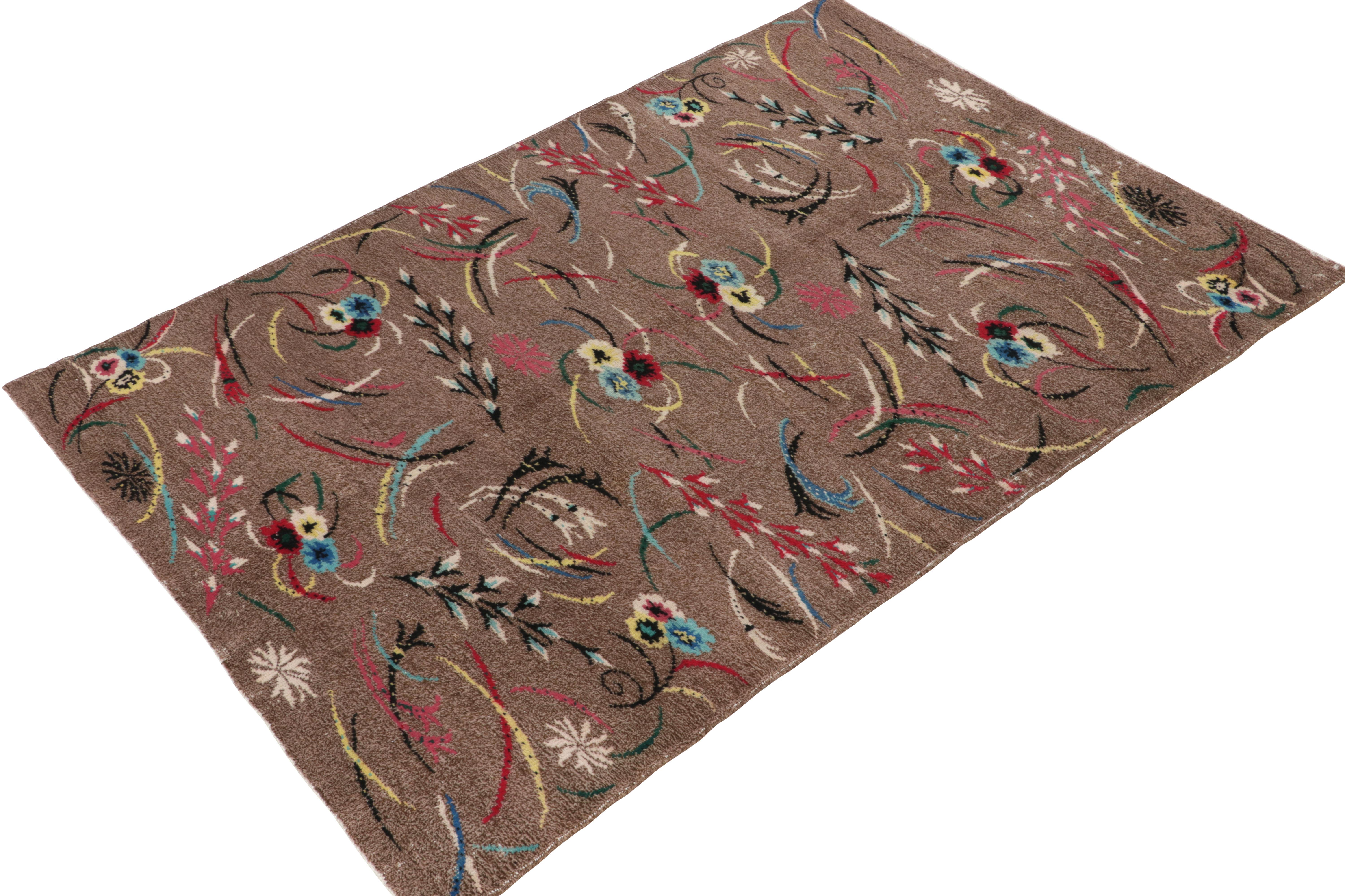 Turkish 1960s Vintage Distressed Art Deco Rug in Brown Red Floral Pattern by Rug & Kilim For Sale