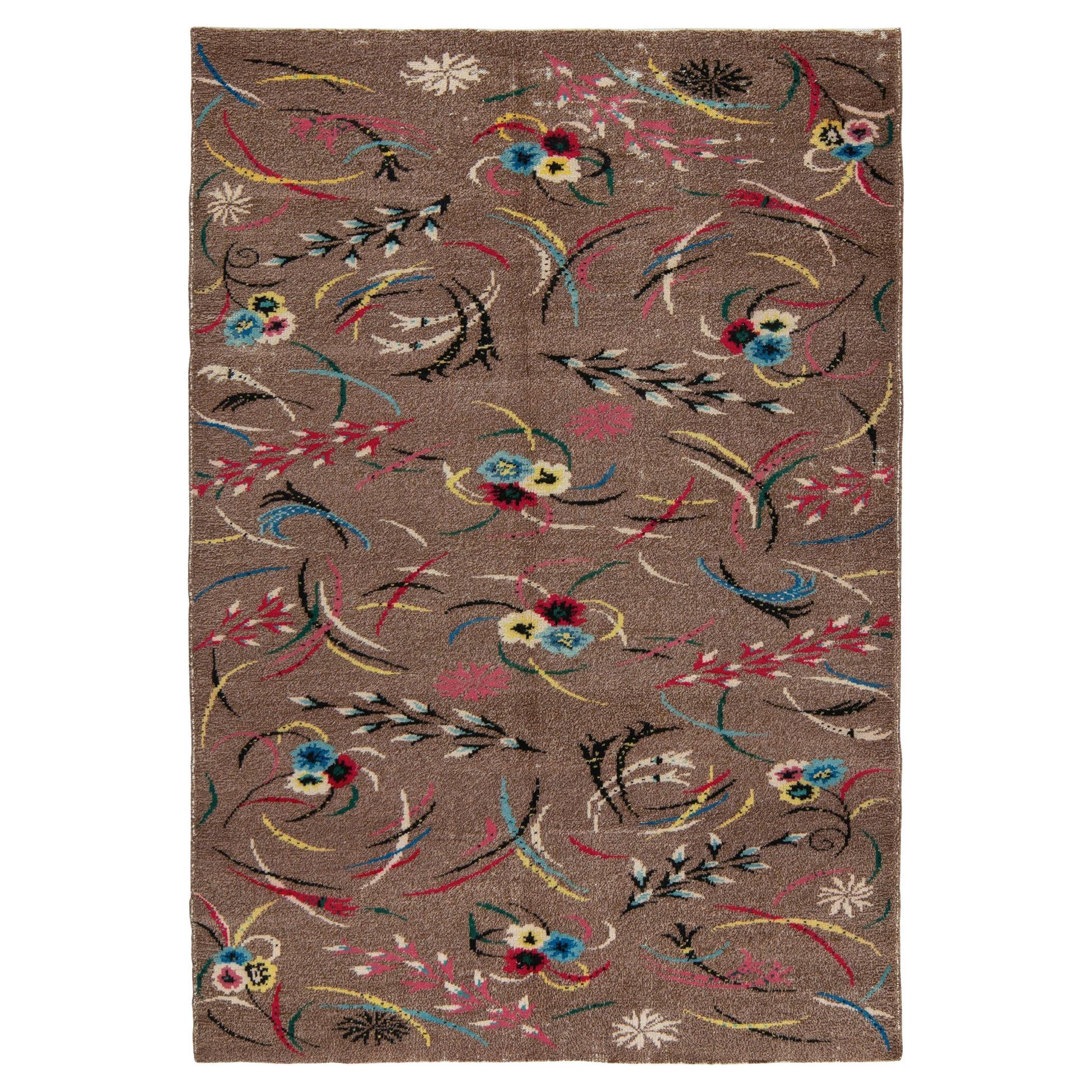 1960s Vintage Distressed Art Deco Rug in Brown Red Floral Pattern by Rug & Kilim For Sale