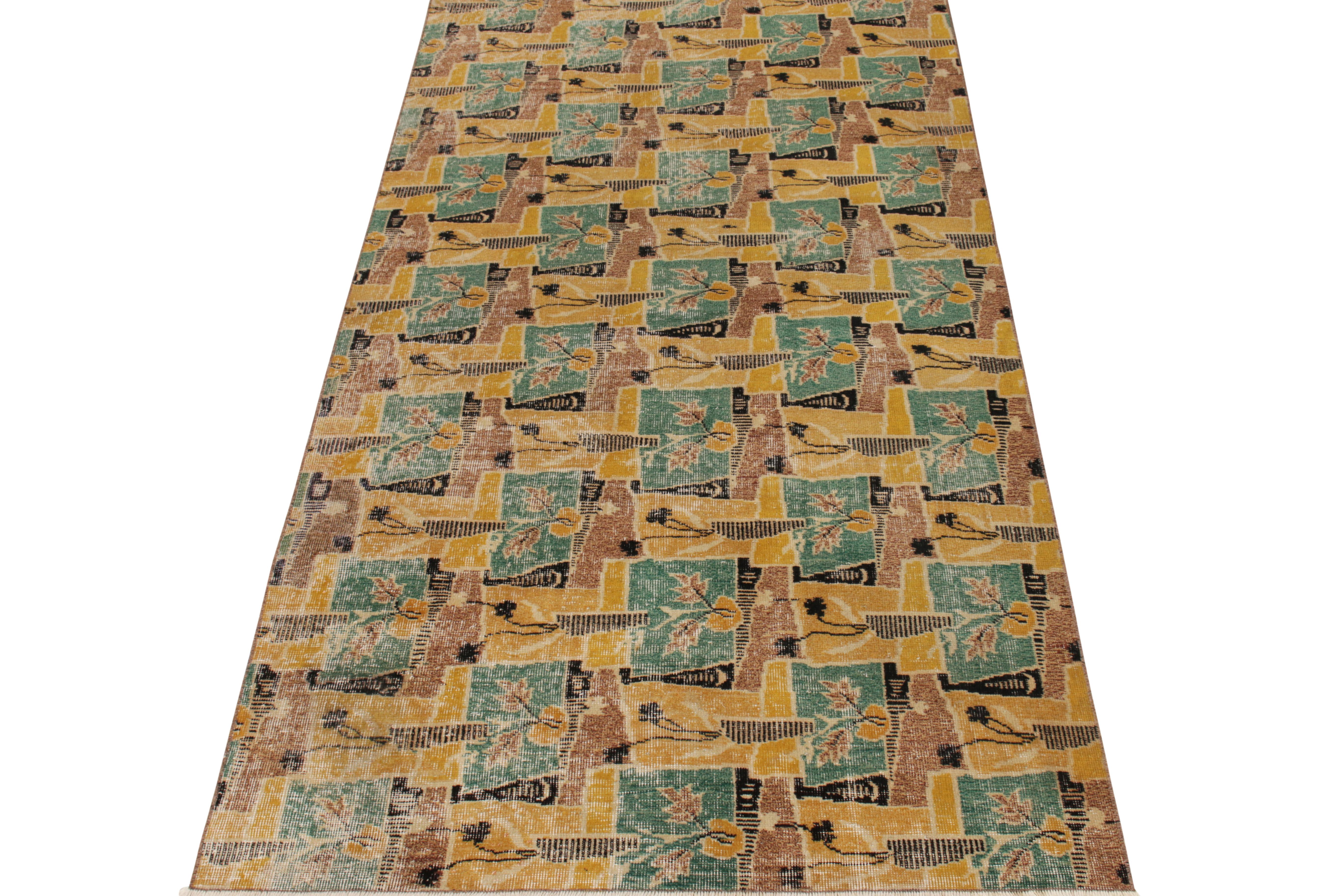 Hand-knotted in wool, a 4x6 vintage rug from a venerated Turkish designer, joining our commemorative Mid-Century Pasha Collection. The rug features a marriage of art deco & mid century modern sensibilities in chocolate brown, canary yellow, forest