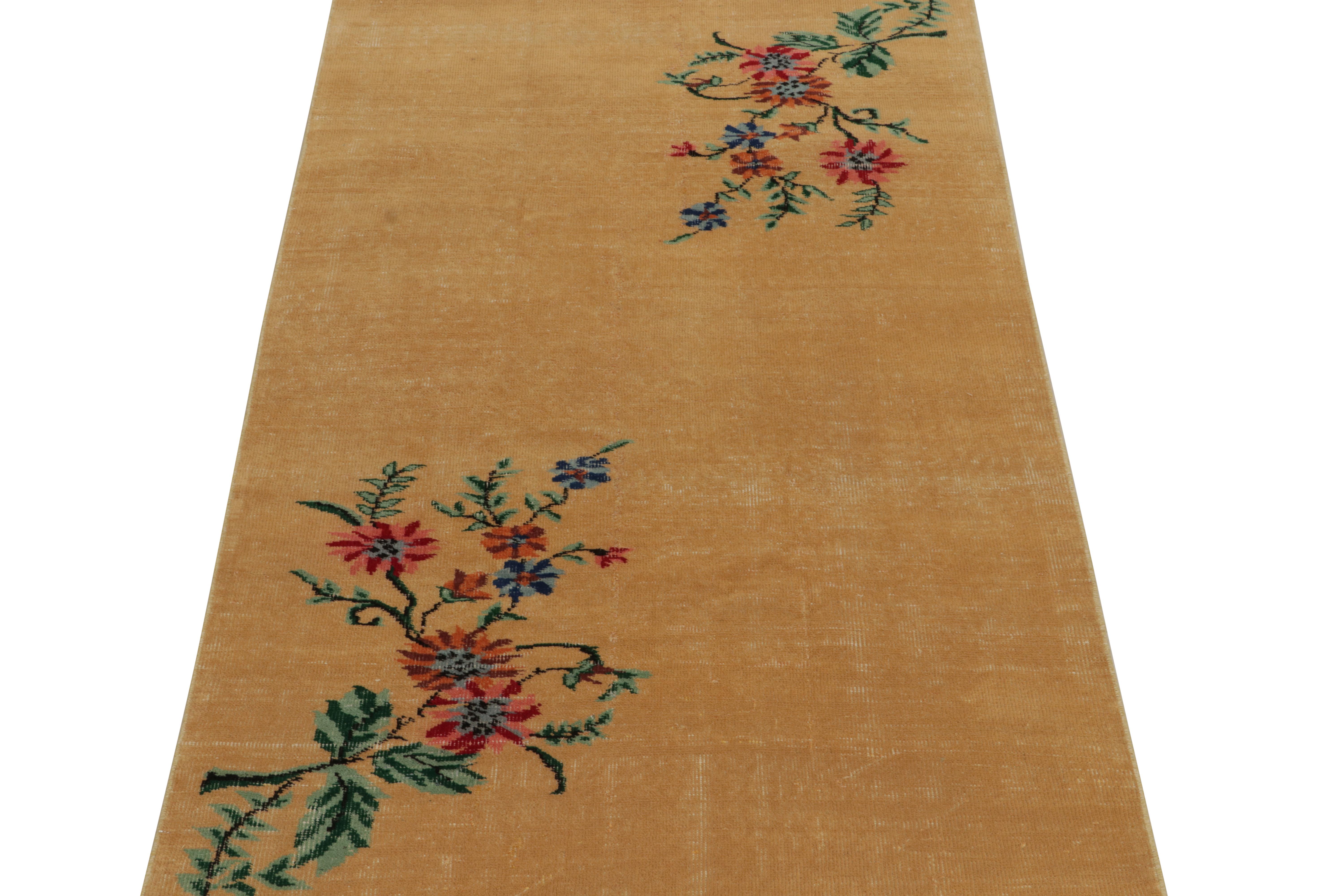 Turkish 1960s Vintage Distressed Art Deco Rug in Golden-Brown with Floral by Rug & Kilim For Sale