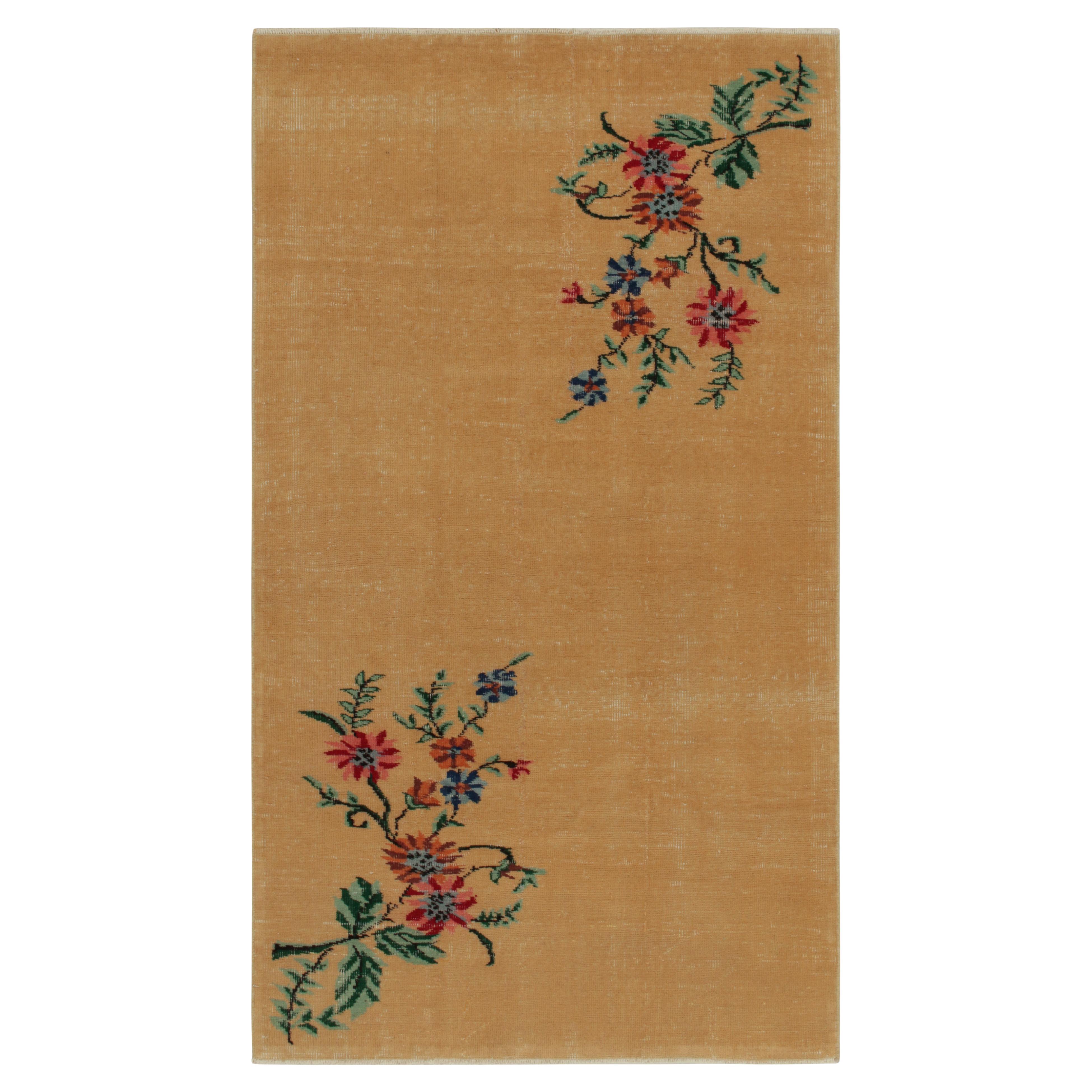 1960s Vintage Distressed Art Deco Rug in Golden-Brown with Floral by Rug & Kilim For Sale