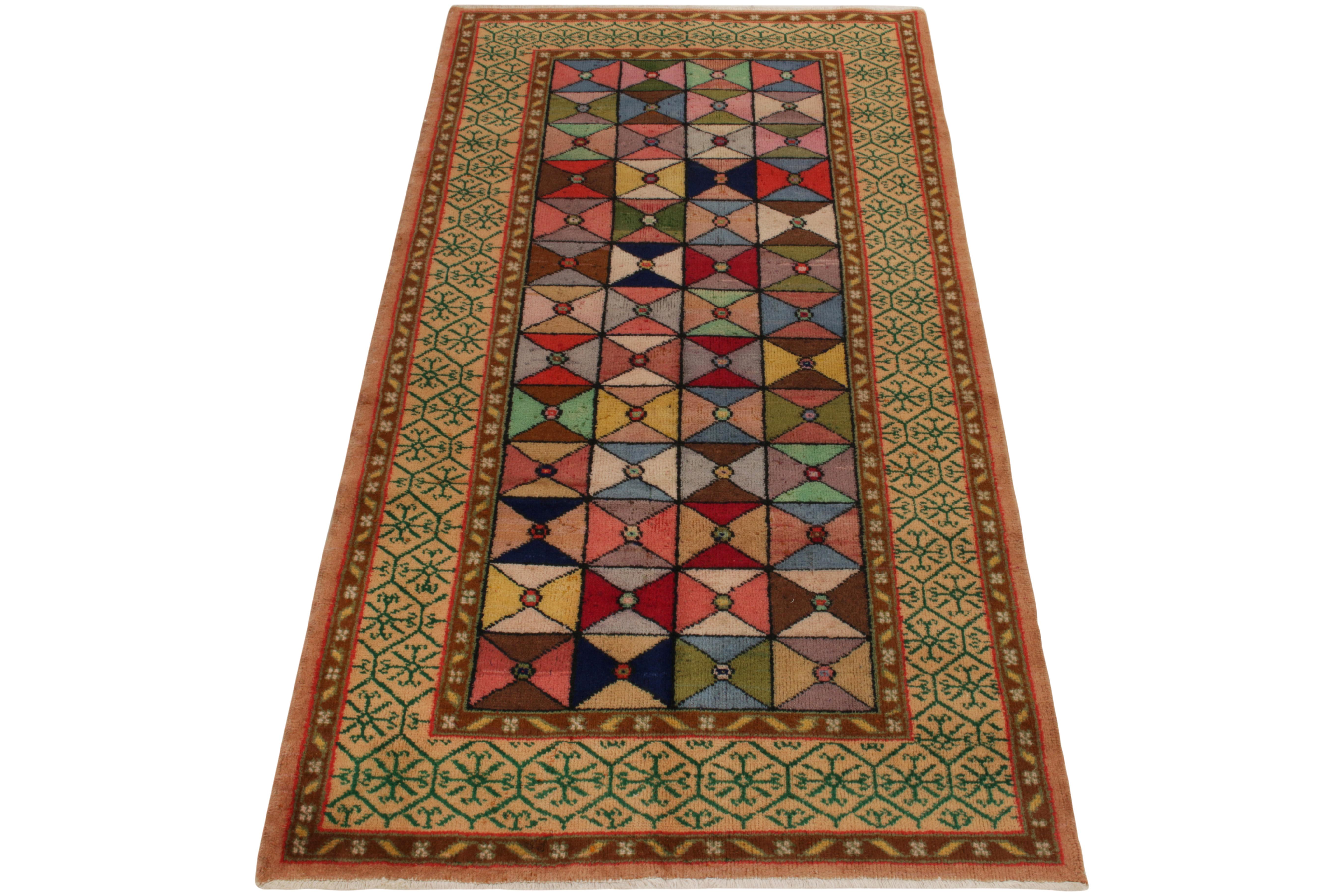 Hand-knotted in wool, a 4x7 vintage rug from a venerated multidisciplinary Turkish designer entering Rug & Kilim’s commemorative Mid-Century Pasha Collection. The one-of-a-kind Art Deco piece exemplifies this artist’s reinvention of the aesthetic