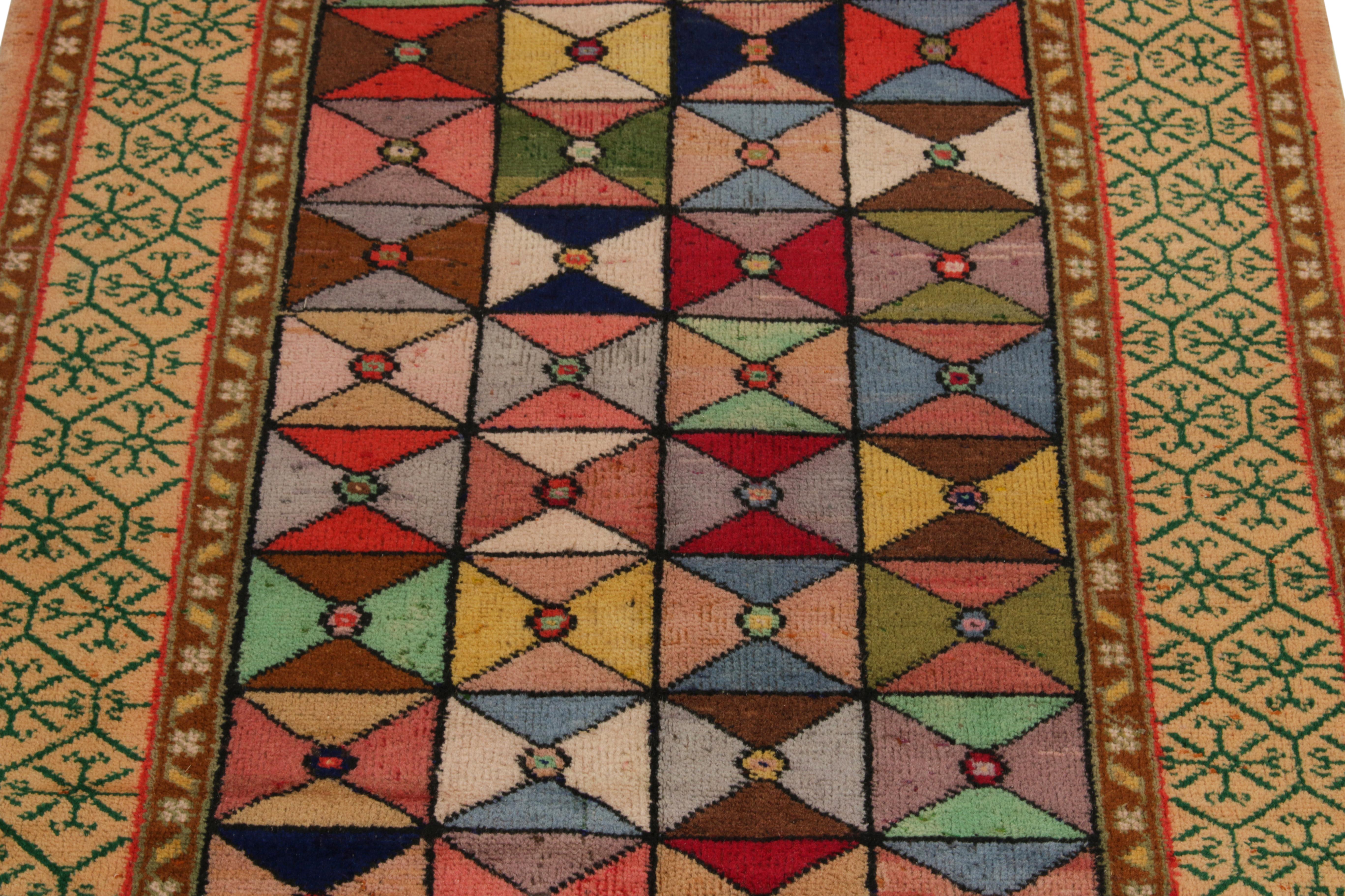 Hand-Knotted 1960s Vintage Distressed Art Deco in Multicolor Geometric Pattern by Rug & Kilim For Sale