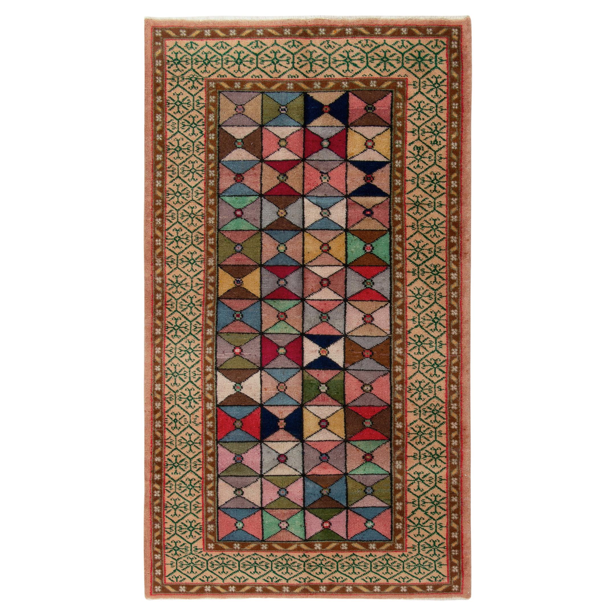 1960s Vintage Distressed Art Deco in Multicolor Geometric Pattern by Rug & Kilim For Sale
