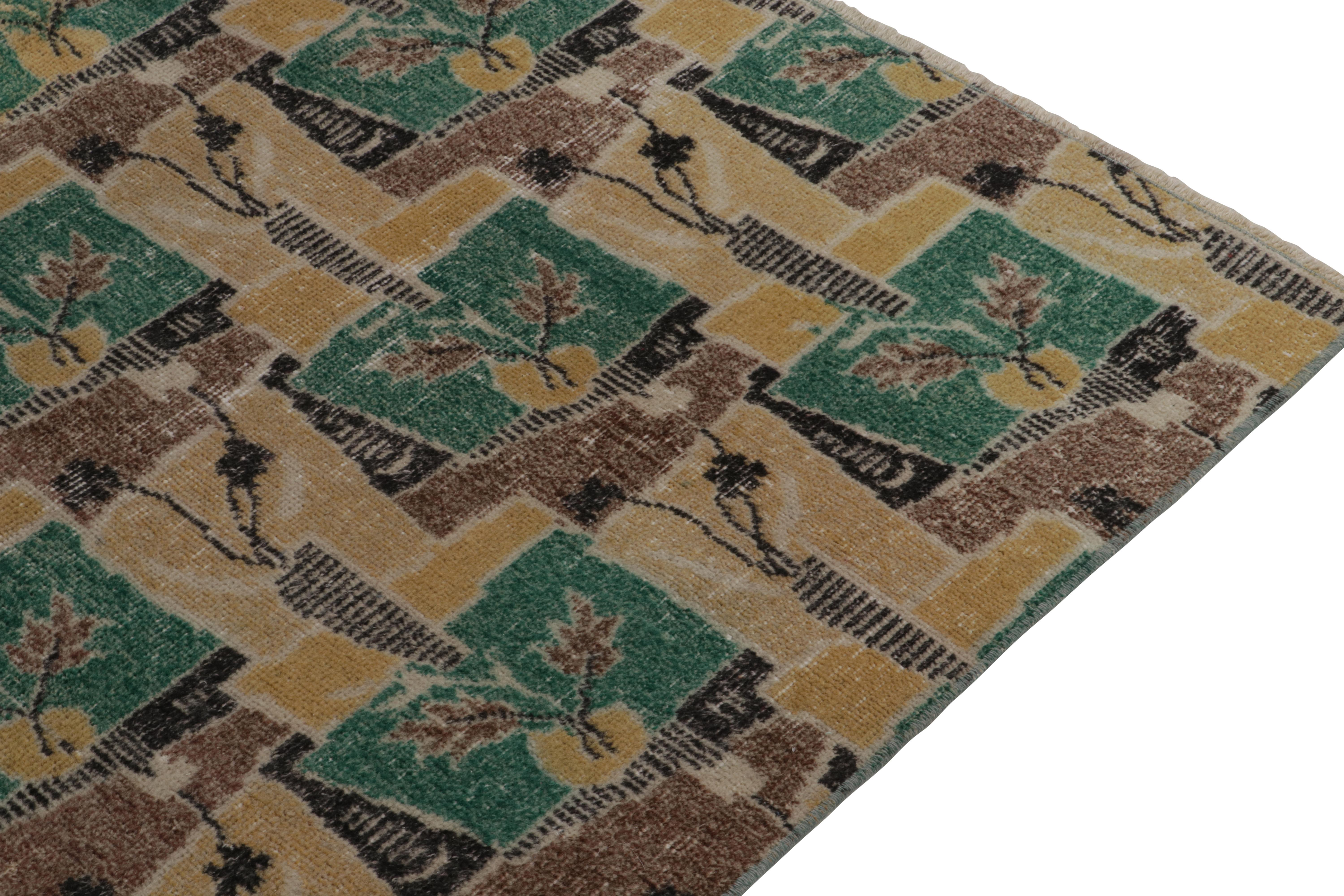 1960s Vintage Distressed Art Deco Rug in Yellow & Green Geometric by Rug & Kilim In Good Condition For Sale In Long Island City, NY