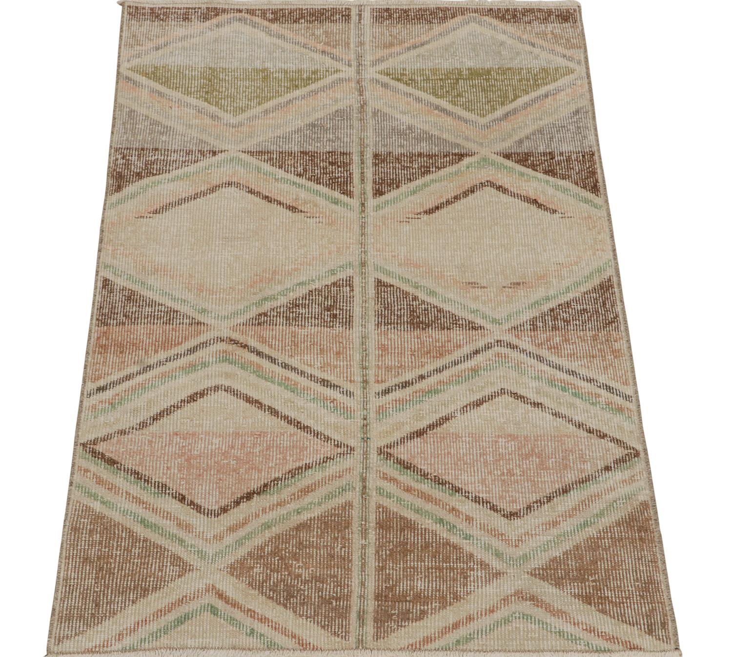 Art Deco 1960s Vintage Distressed Deco Rug in Beige-Brown, Pink and Green by Rug & Kilim For Sale