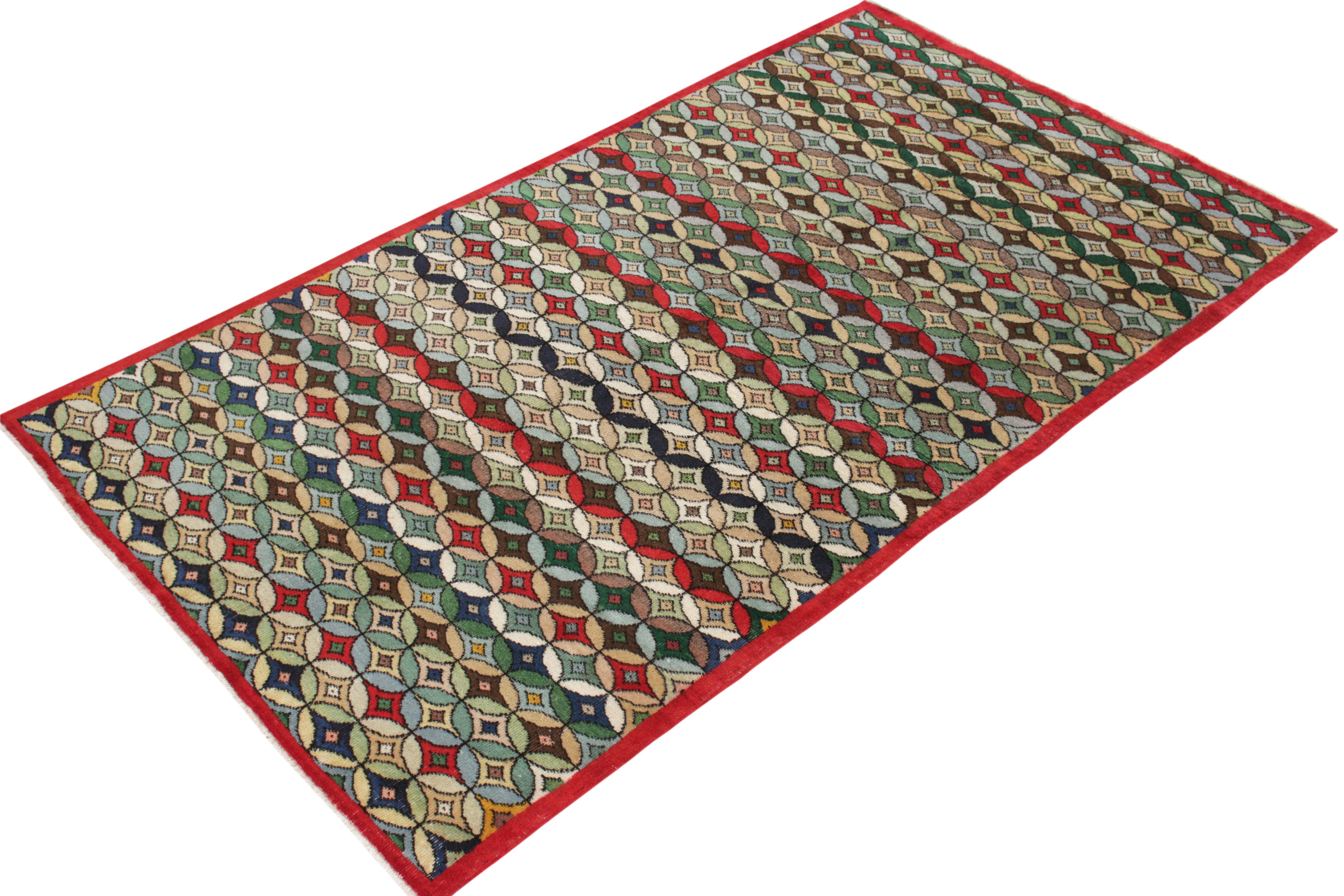 Mid-Century Modern 1960s Vintage Distressed Deco Rug in Blue, Red Geometric Pattern by Rug & Kilim For Sale