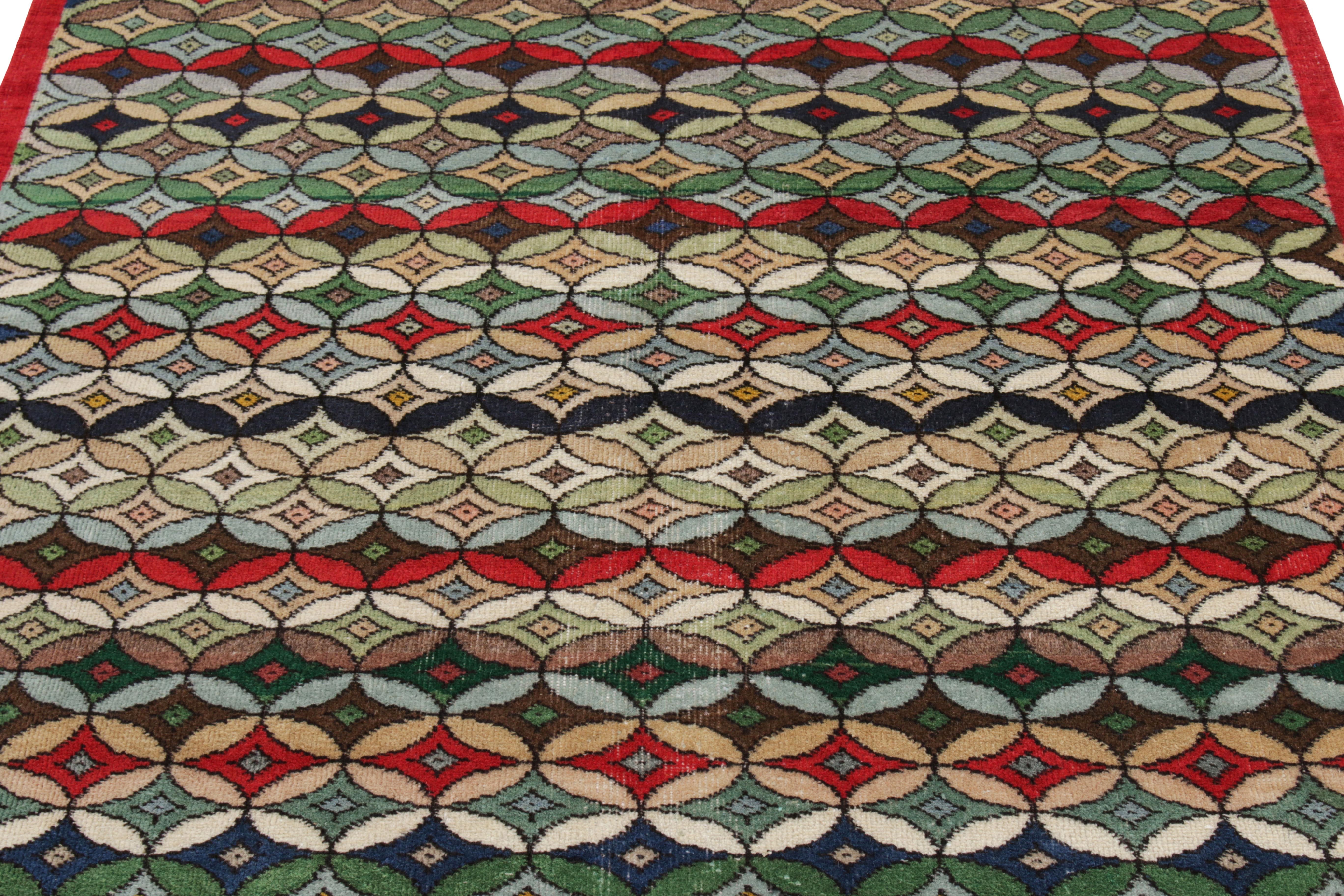 Indian 1960s Vintage Distressed Deco Rug in Blue, Red Geometric Pattern by Rug & Kilim For Sale