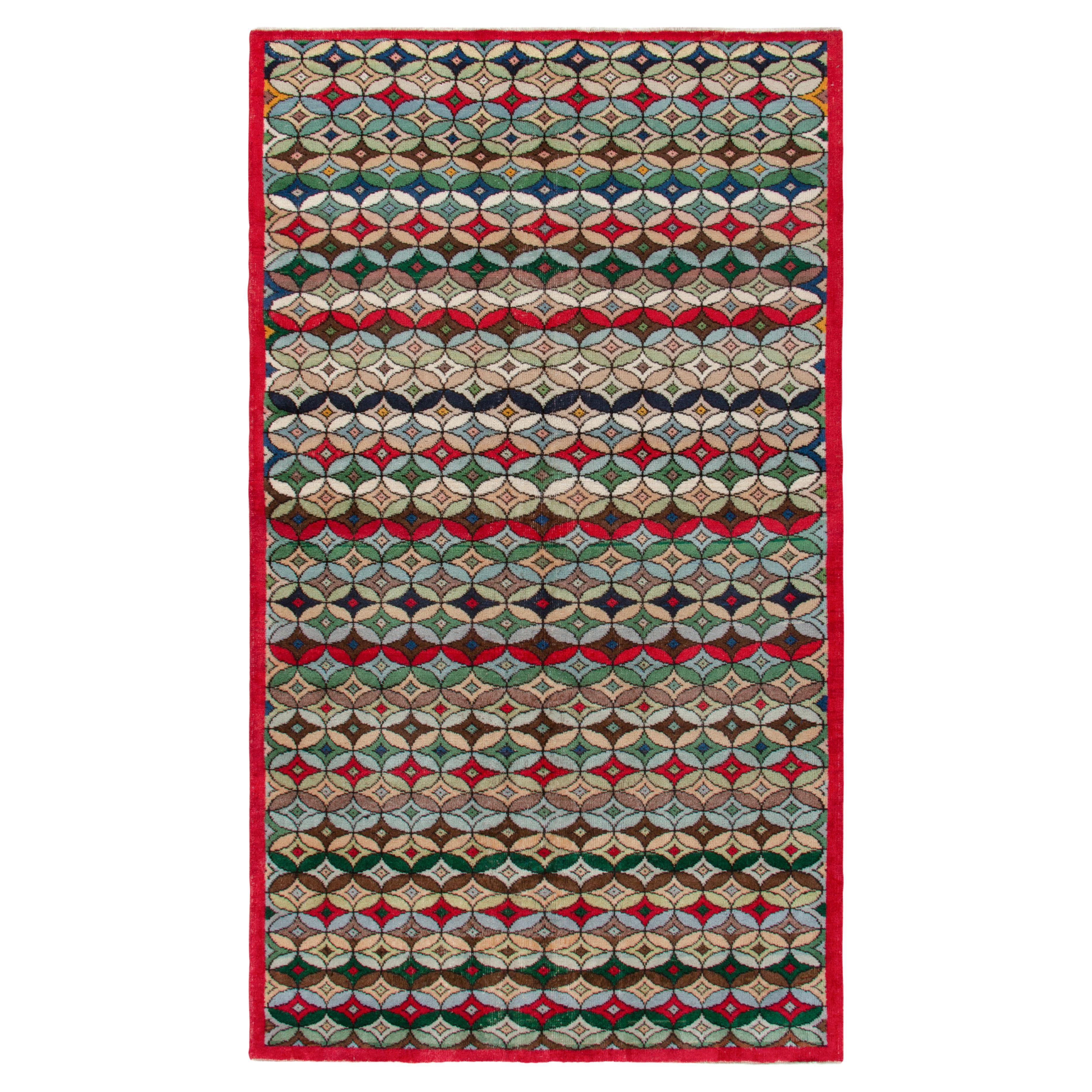 1960s Vintage Distressed Deco Rug in Blue, Red Geometric Pattern by Rug & Kilim For Sale