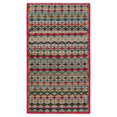 1960s Retro Distressed Deco Rug in Blue, Red Geometric Pattern by Rug & Kilim