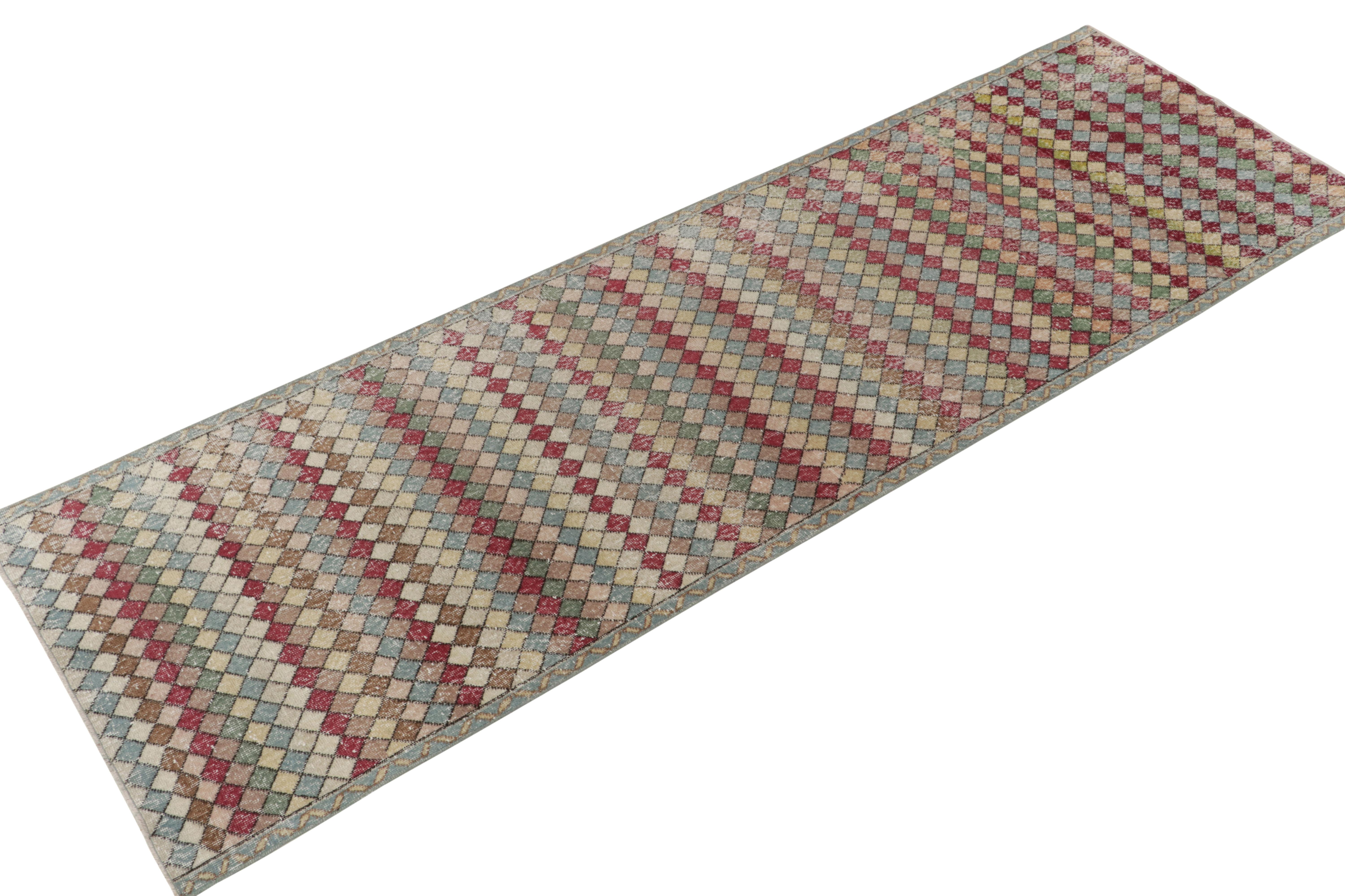 Turkish 1960s Vintage Distressed Deco Rug in Multicolor Geometric Pattern by Rug & Kilim For Sale