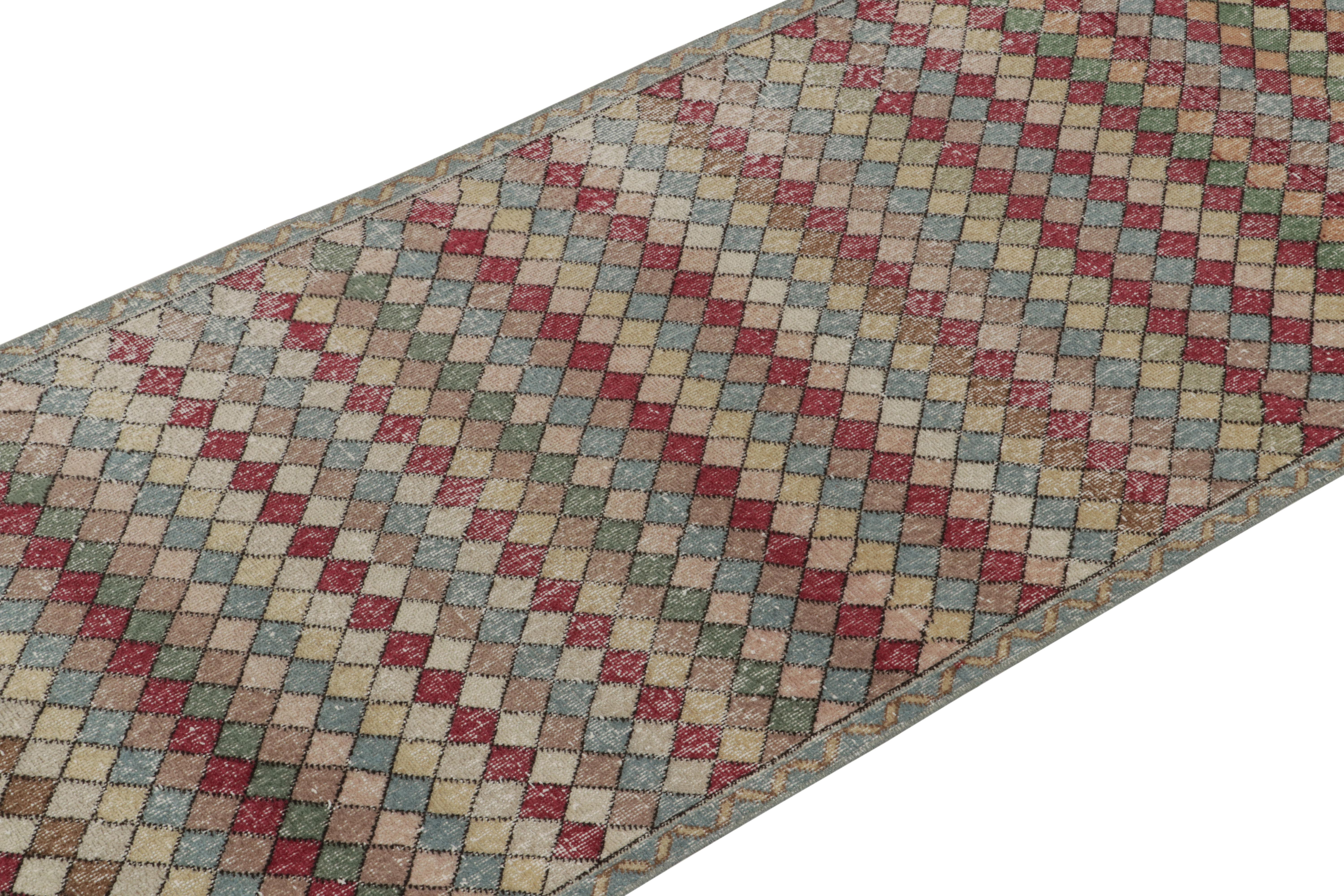 Hand-Knotted 1960s Vintage Distressed Deco Rug in Multicolor Geometric Pattern by Rug & Kilim For Sale