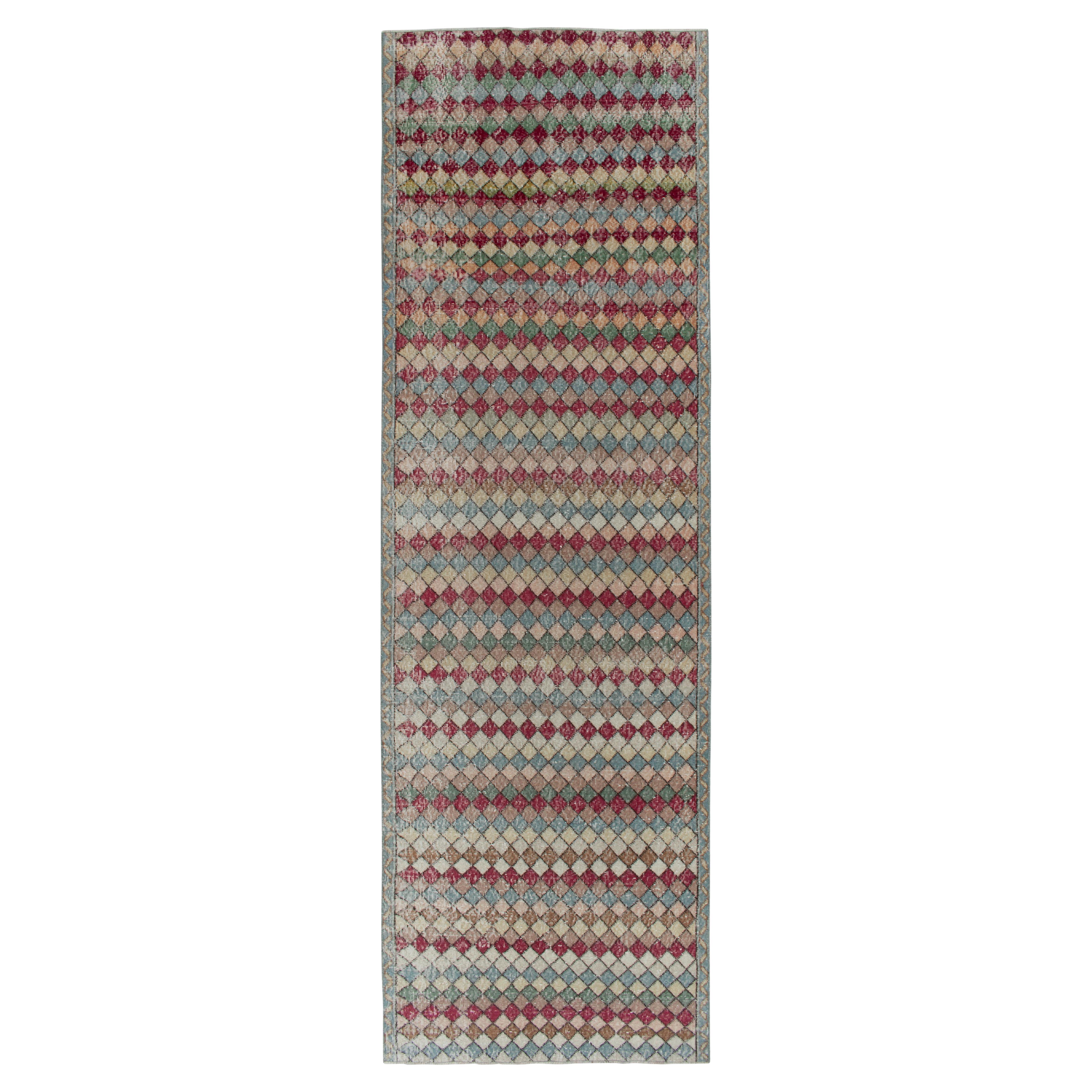 1960s Vintage Distressed Deco Rug in Multicolor Geometric Pattern by Rug & Kilim For Sale