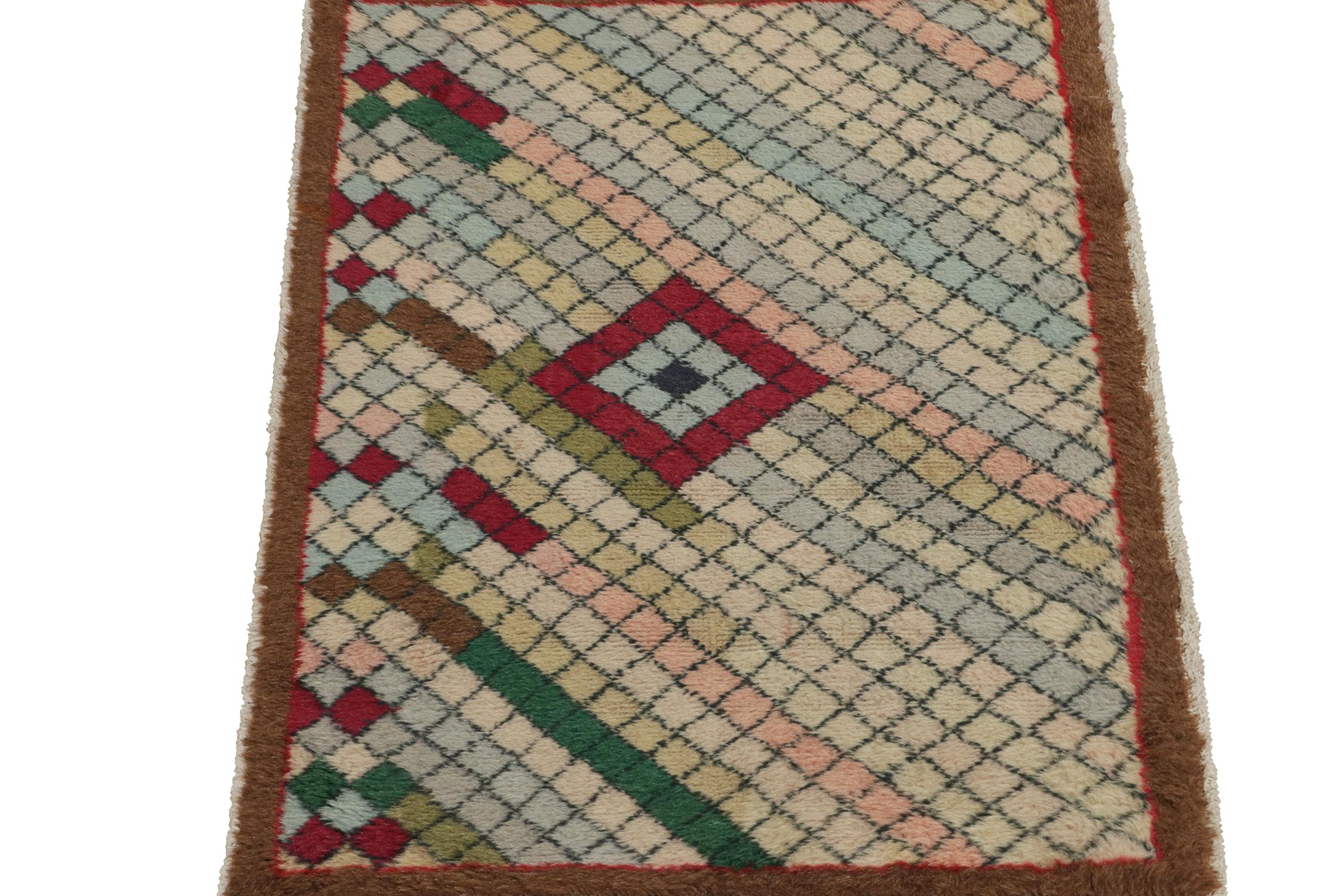 Art Deco 1960s Vintage Distressed Deco Rug in Multicolor Diamond Pattern by Rug & Kilim For Sale