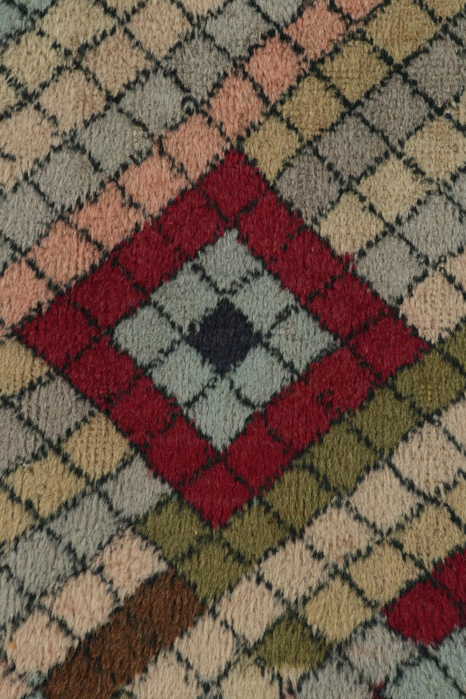 1960s Vintage Distressed Deco Rug in Multicolor Diamond Pattern by Rug & Kilim In Good Condition For Sale In Long Island City, NY