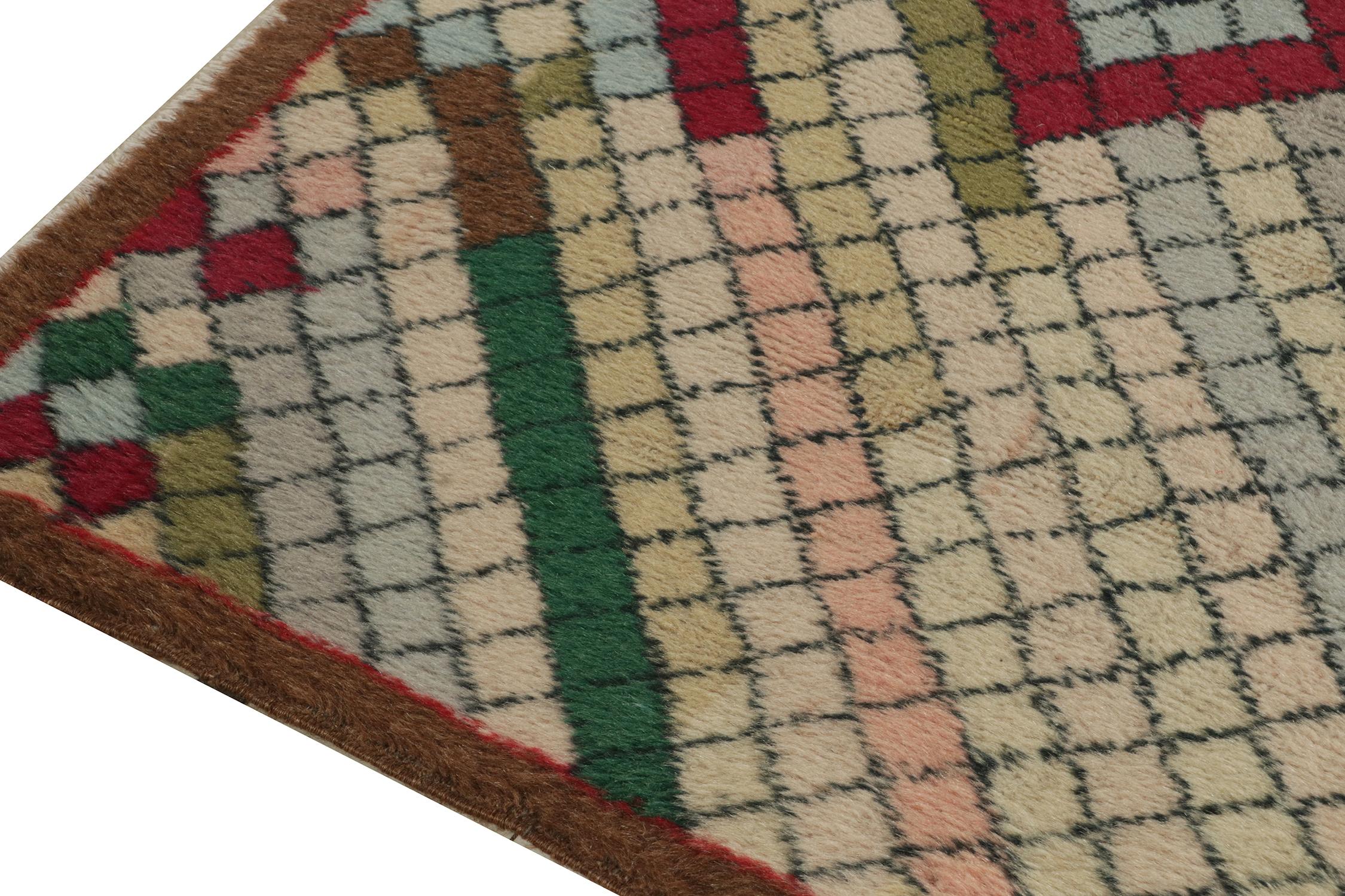 Hand-Knotted 1960s Vintage Distressed Deco Rug in Multicolor Diamond Pattern by Rug & Kilim For Sale