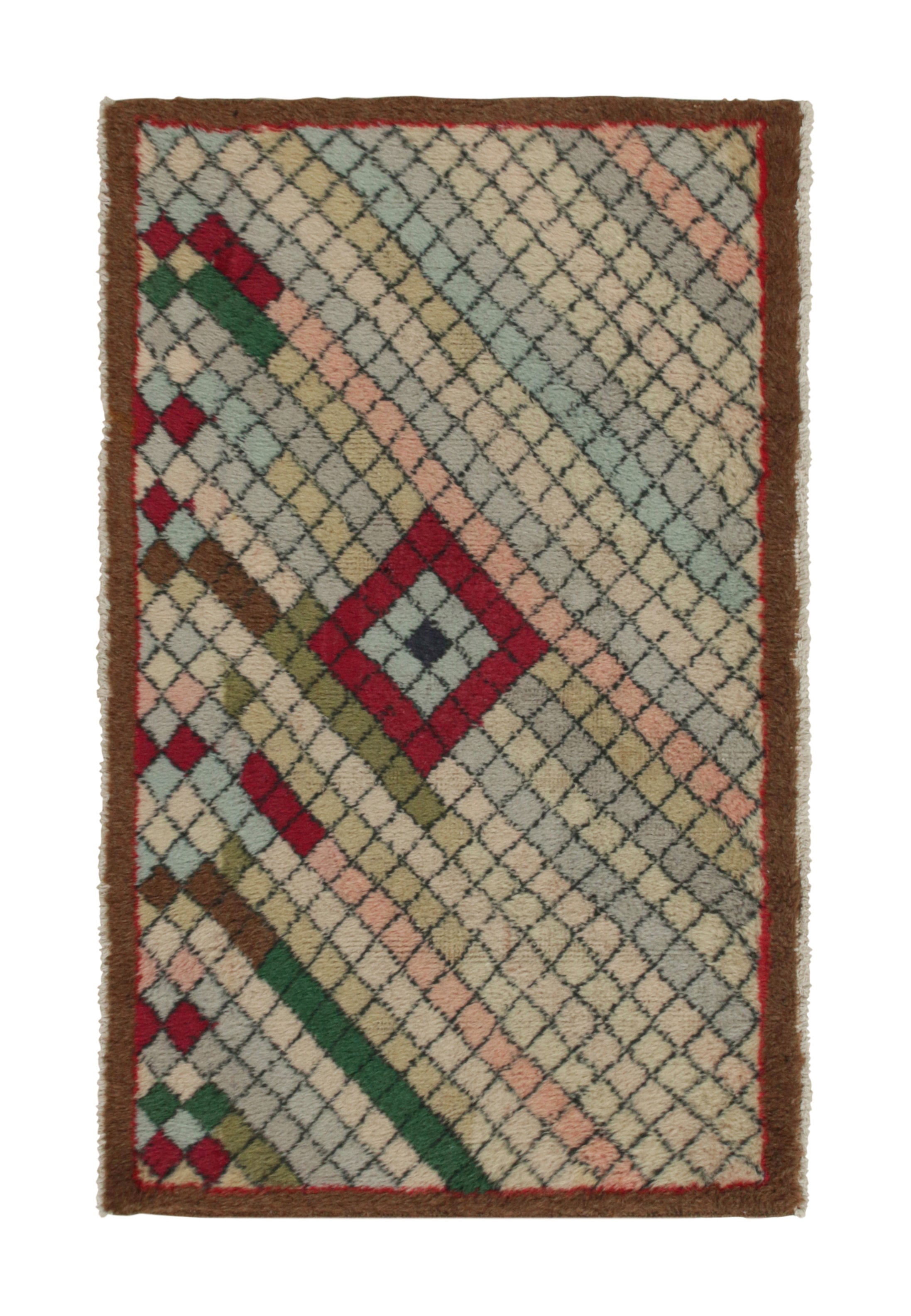 1960s Vintage Distressed Deco Rug in Multicolor Diamond Pattern by Rug & Kilim For Sale