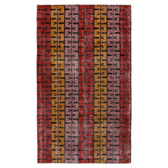 1960s Vintage Distressed Mid-Century Modern Rug, Pink, Red, Gold Deco Pattern