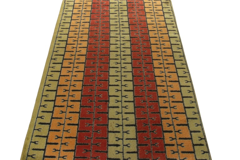 1960s Vintage Distressed Mid-Century Modern Rug, Red Deco Pattern by ...