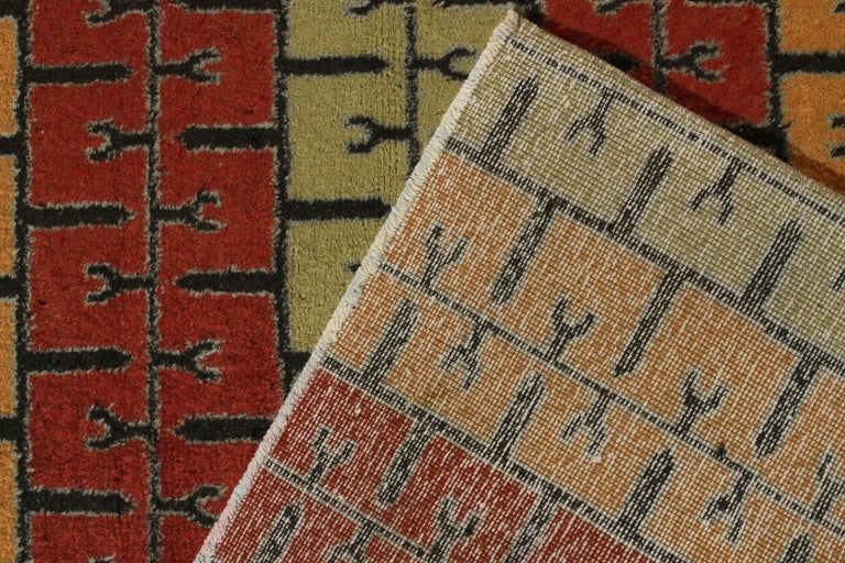 1960s Vintage Distressed Mid-Century Modern Rug, Red Deco Pattern by ...