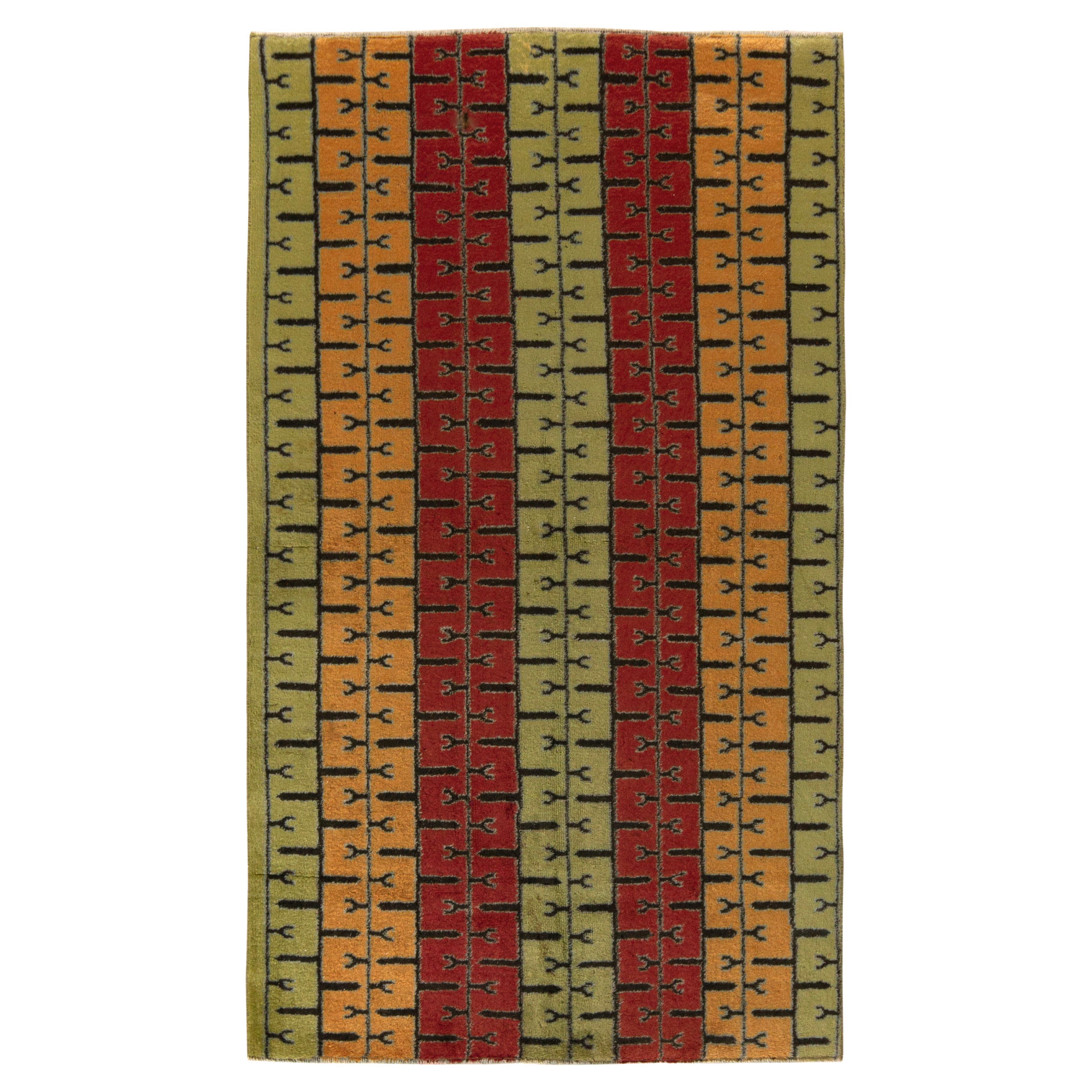 1960s Vintage Distressed Mid-Century Modern Rug, Red Deco Pattern by Rug & Kilim