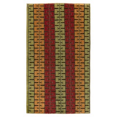 1960s Vintage Distressed Mid-Century Modern Rug, Red, Green, Gold Deco Pattern