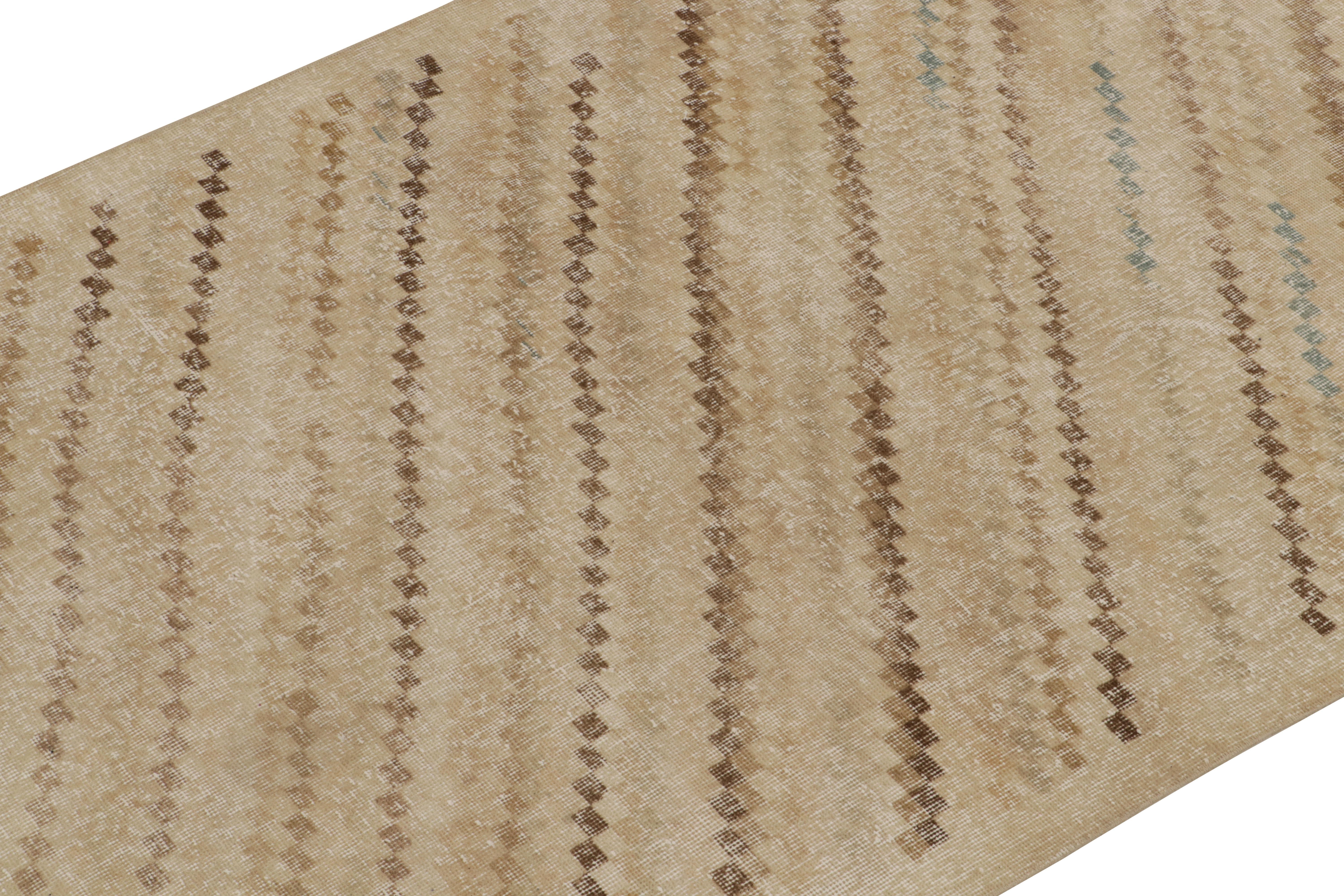 Hand-Knotted 1960s Vintage Distressed Rug in Beige-Brown Geometric Pattern by Rug & Kilim For Sale