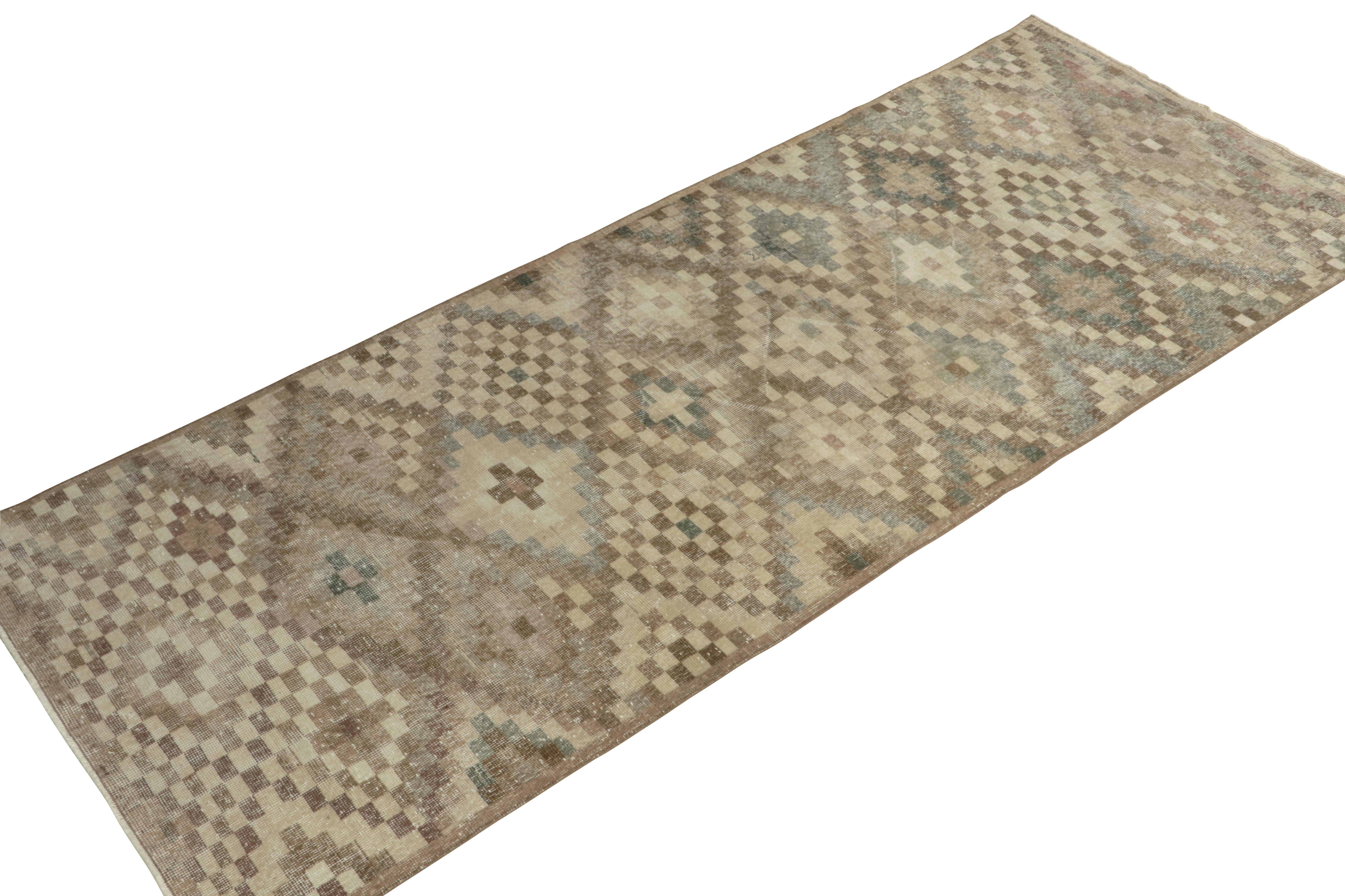 Art Deco 1960s Vintage Distressed Rug in Beige-Brown Geometric Pattern by Rug & Kilim For Sale