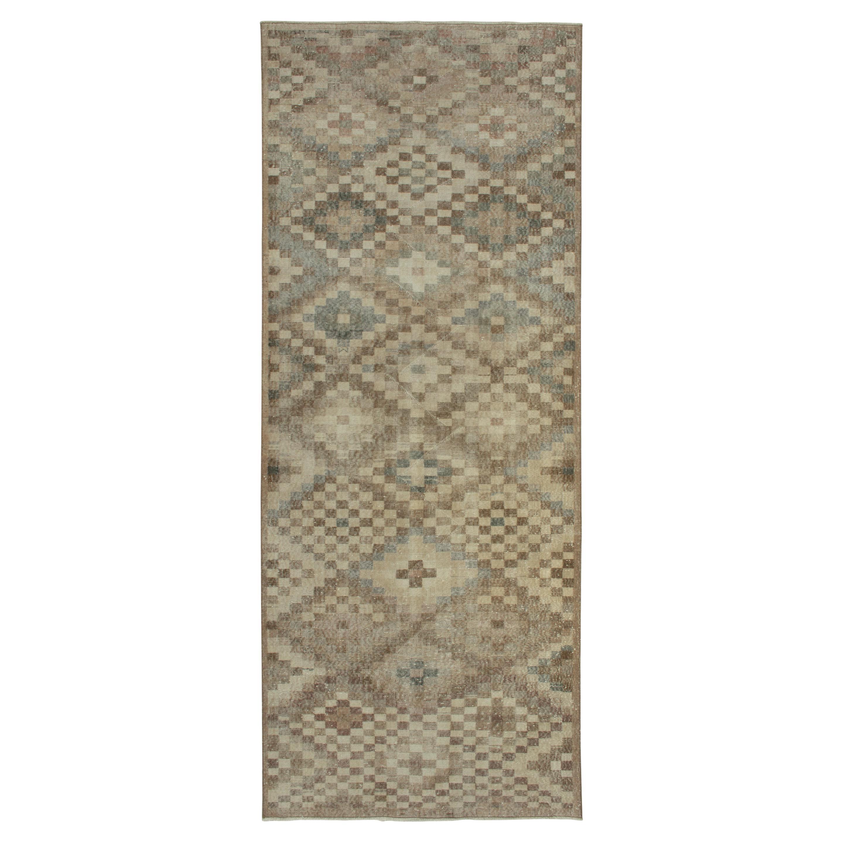 1960s Vintage Distressed Rug in Beige-Brown Geometric Pattern by Rug & Kilim