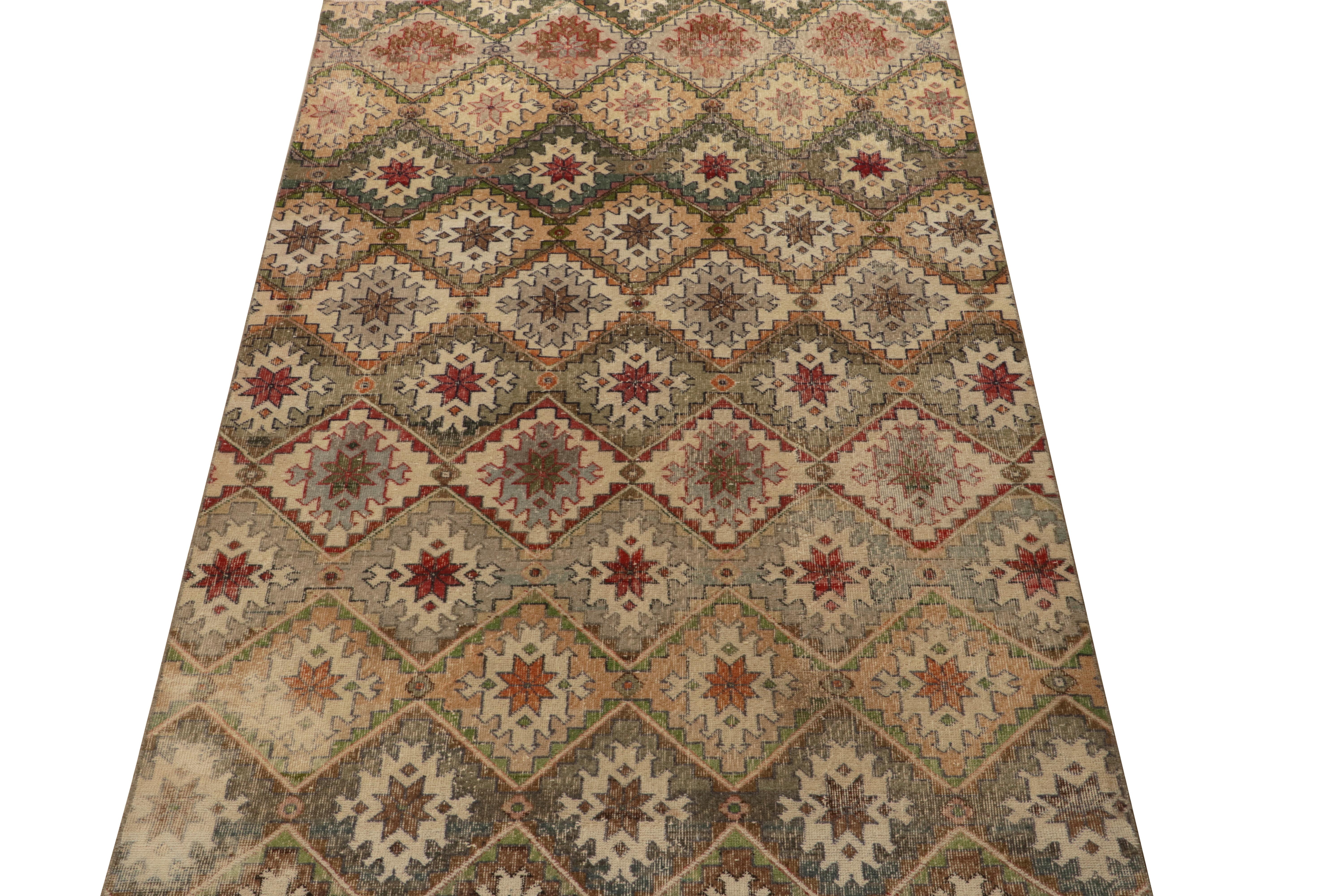 Tribal 1960s Vintage Distressed Rug in Beige-Brown with Colorful Pattern by Rug & Kilim For Sale