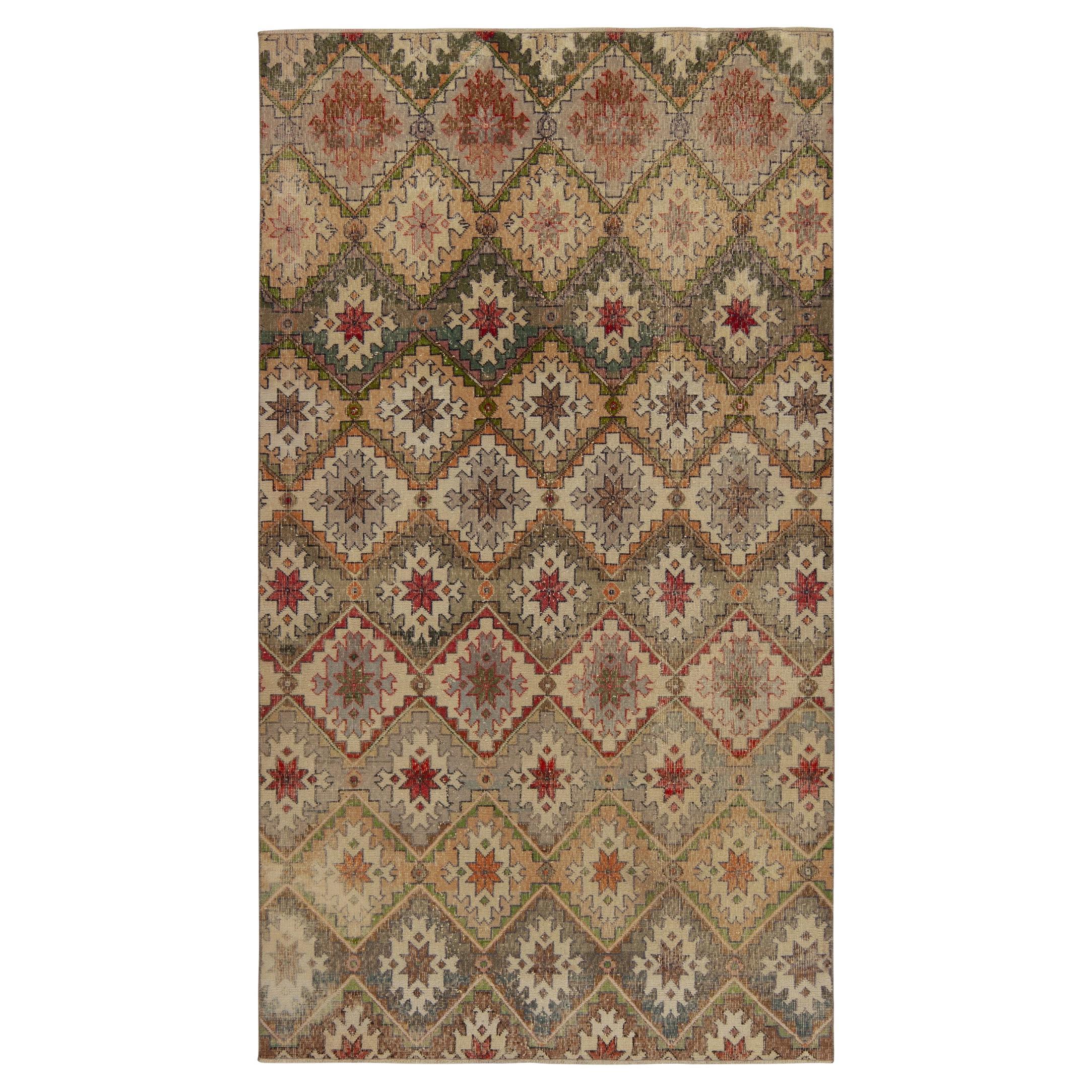1960s Vintage Distressed Rug in Beige-Brown with Colorful Pattern by Rug & Kilim For Sale